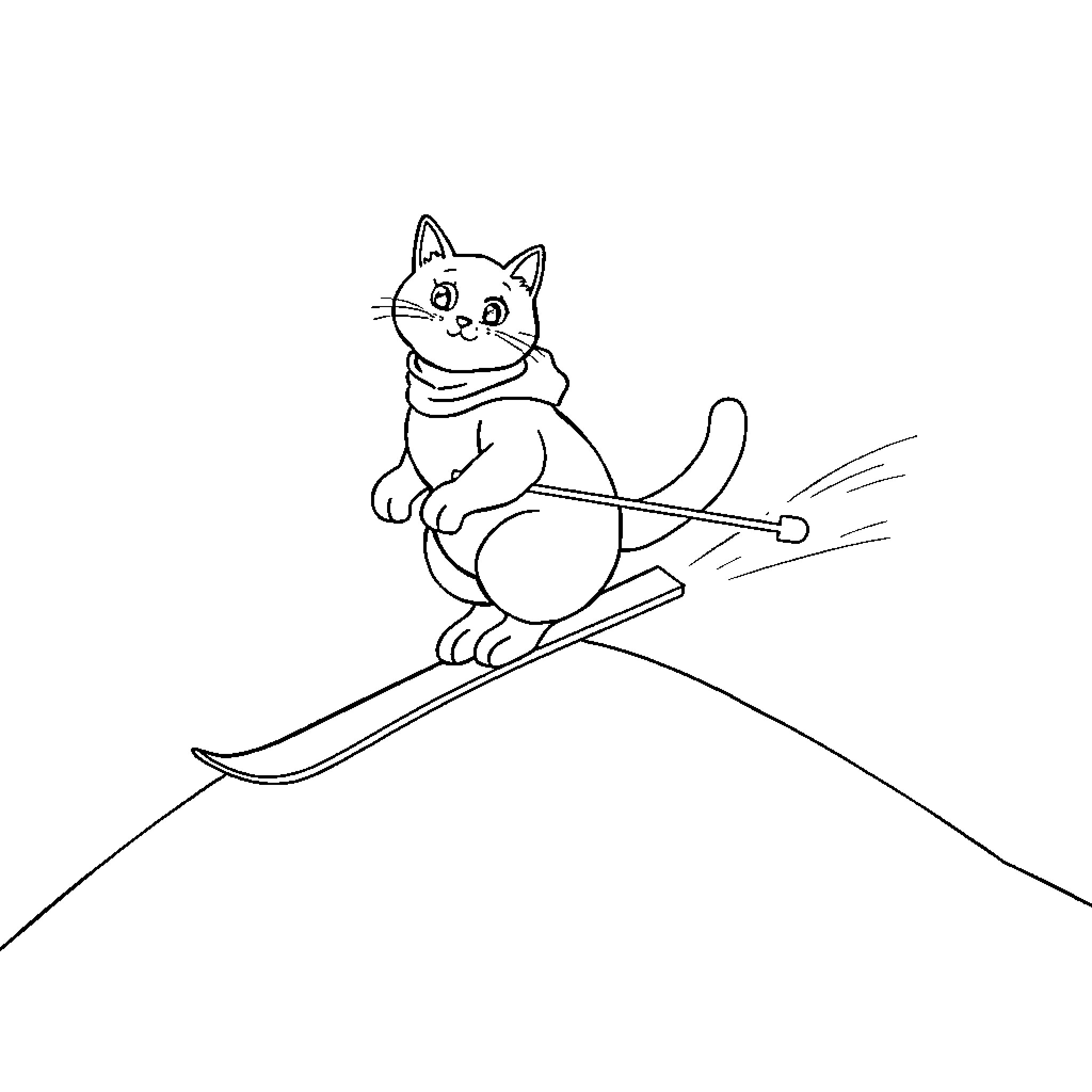 Chat Skiing Down the Slope with Glee Coloring Page (free black-and-white line drawing printable PDF for all, from beginners to advanced learners, including children, teens, adults, and seniors)
