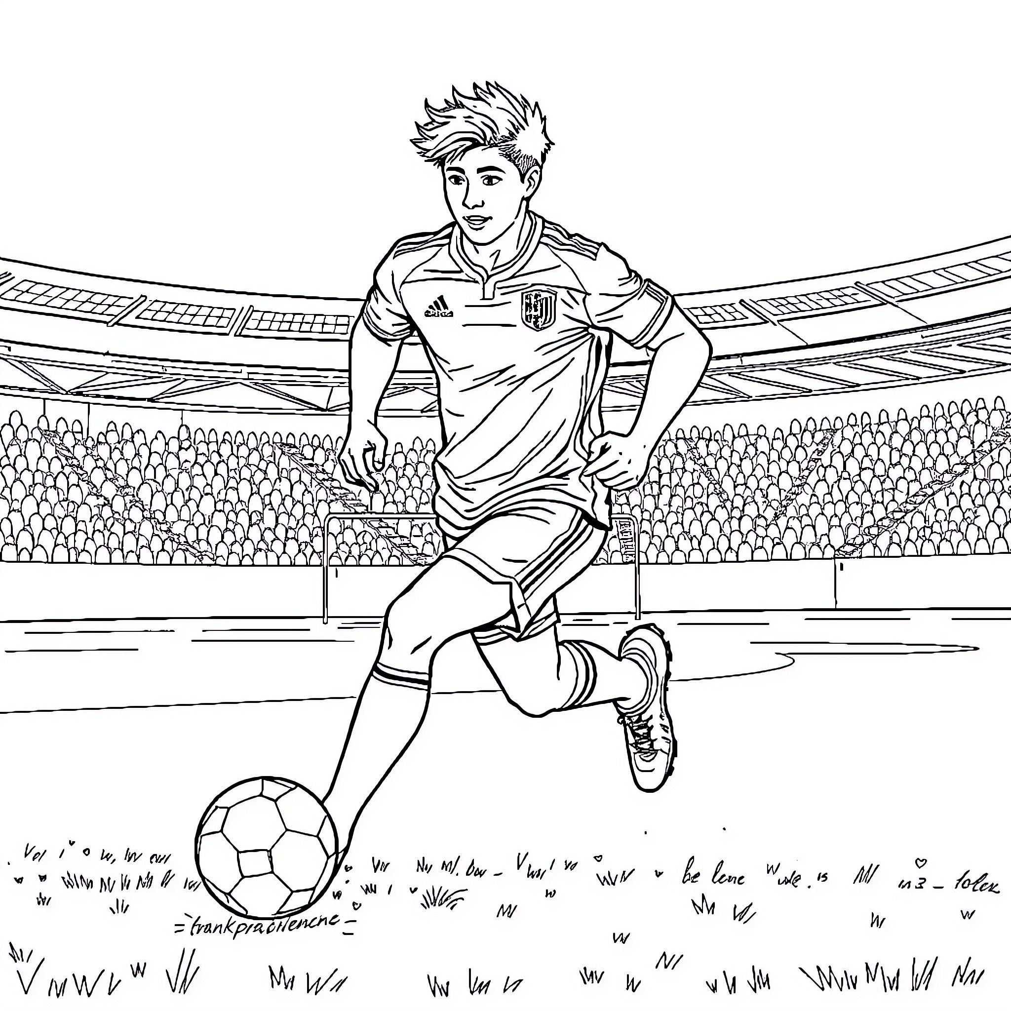 Hakimi playing soccer confidently on the field Coloring Page (free black-and-white line drawing printable PDF for all, from beginners to advanced learners, including children, teens, adults, and seniors)