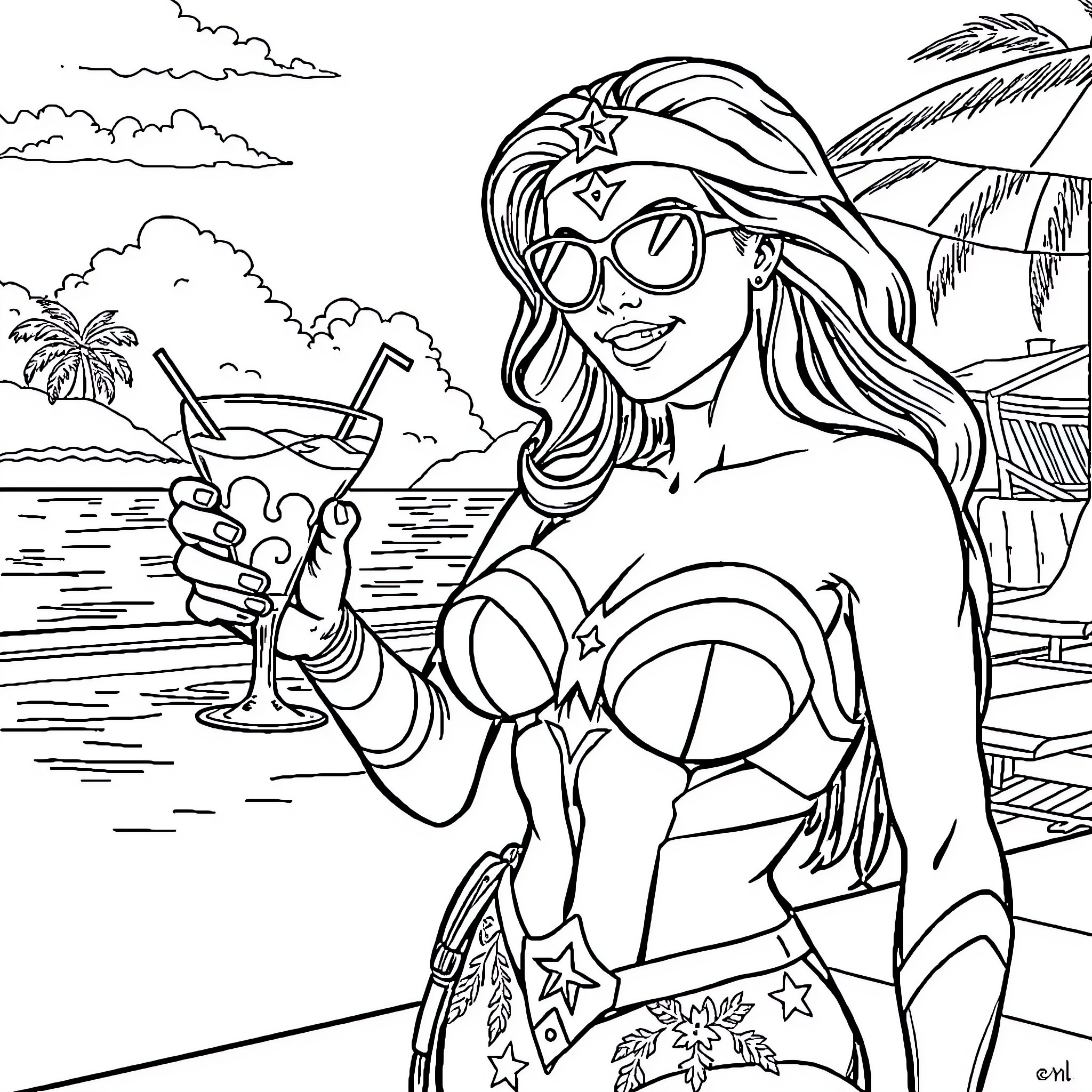 Wonder Woman enjoying a tropical beach vacation Coloring Page (free black-and-white line drawing printable PDF for all, from beginners to advanced learners, including children, teens, adults, and seniors)