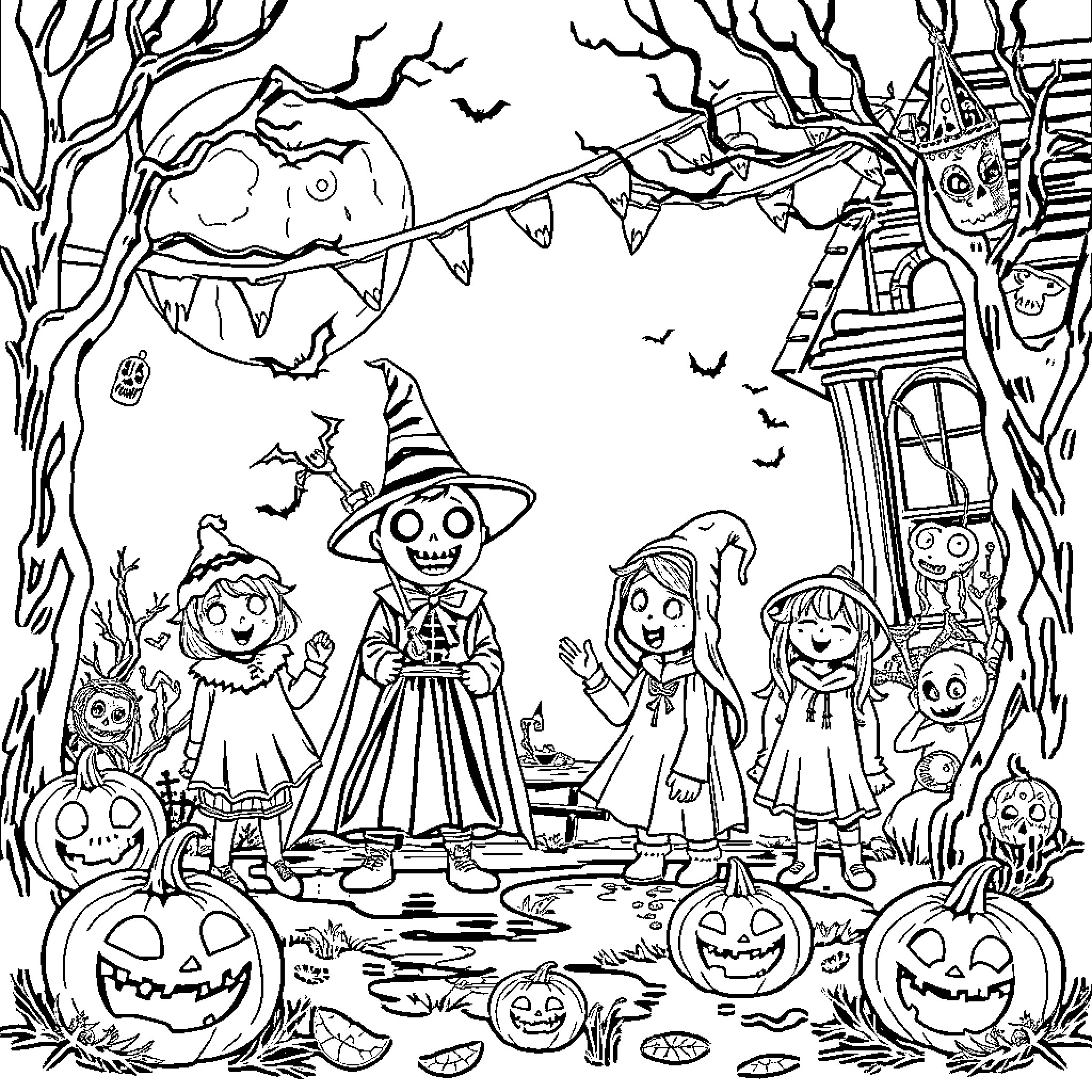 Scourge of Halloween Celebration Coloring Page (free black-and-white line drawing printable PDF for all, from beginners to advanced learners, including children, teens, adults, and seniors)