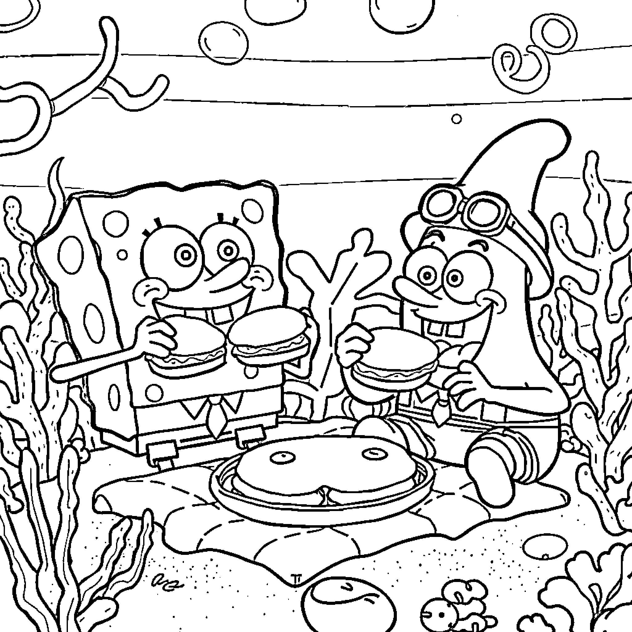 Spongebob and Patrick enjoying burgers underwater Coloring Page (free black-and-white line drawing printable PDF for all, from beginners to advanced learners, including children, teens, adults, and seniors)