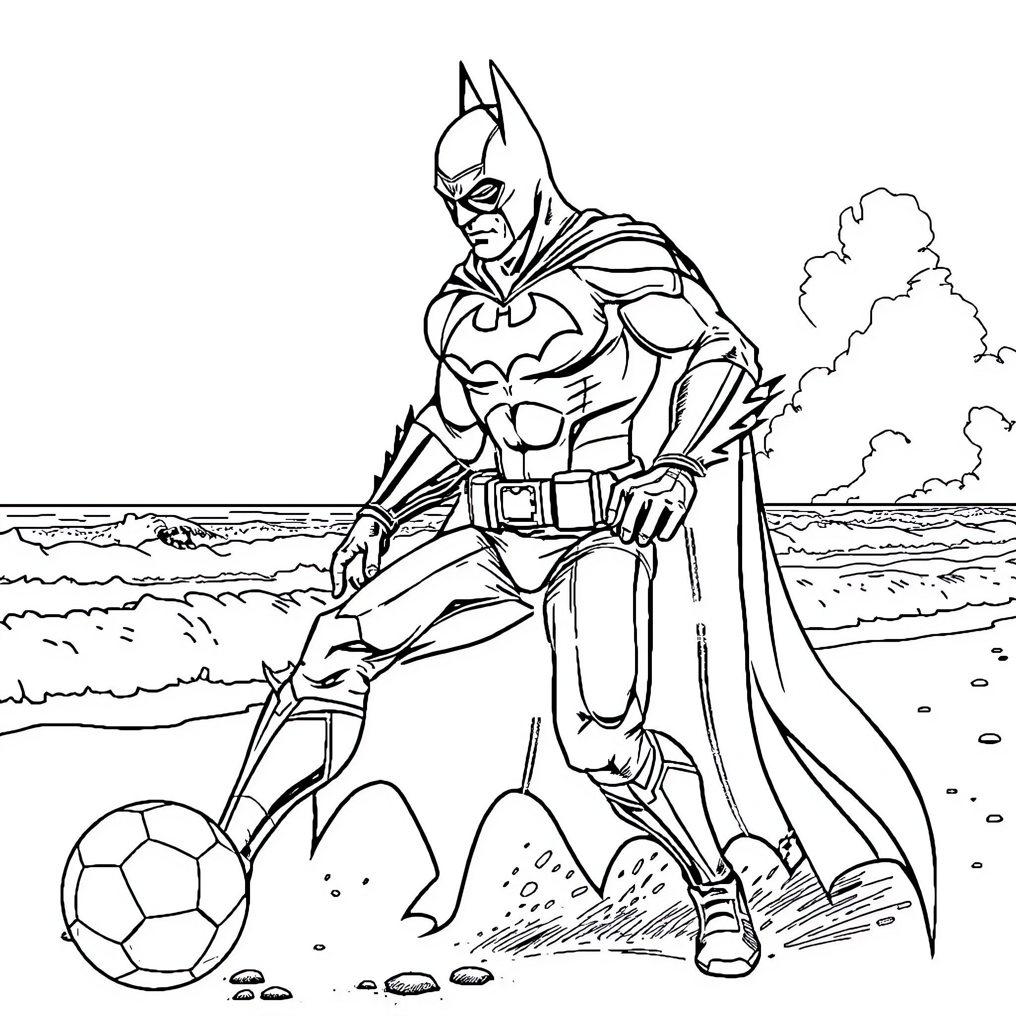 Batman kicking a soccer ball on the beach Coloring Page (free black-and-white line drawing printable PDF for all, from beginners to advanced learners, including children, teens, adults, and seniors)