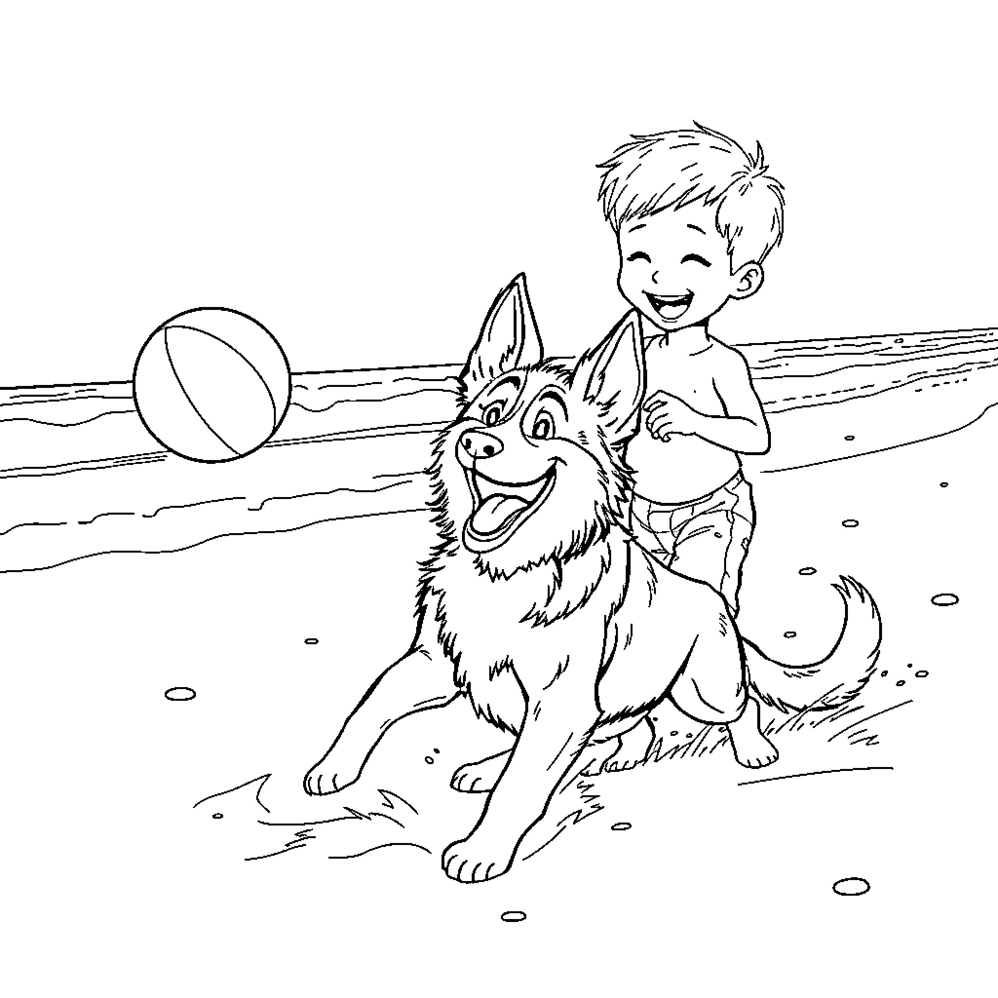 Bluey playing happily with dog on the beach Coloring Page (free black-and-white line drawing printable PDF for all, from beginners to advanced learners, including children, teens, adults, and seniors)