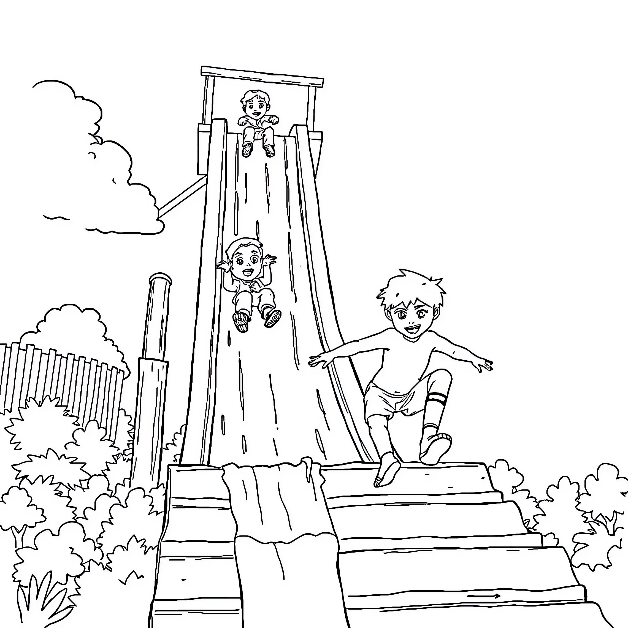 Water Slide Adventure with Joyful Children Coloring Page (free black-and-white line drawing printable PDF for all, from beginners to advanced learners, including children, teens, adults, and seniors)