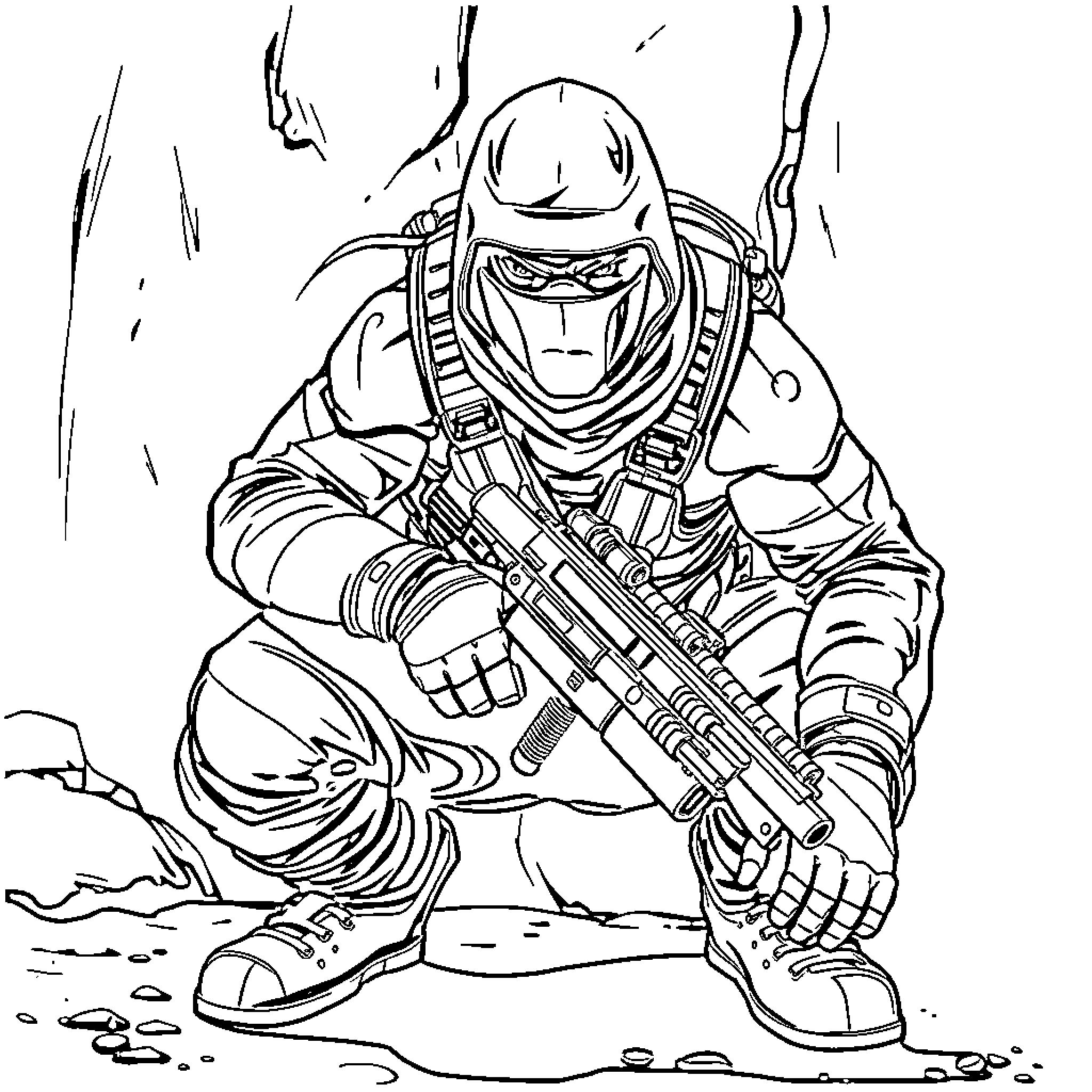 Solid Snake in tactical combat gear and armed for action Coloring Page (free black-and-white line drawing printable PDF for all, from beginners to advanced learners, including children, teens, adults, and seniors)