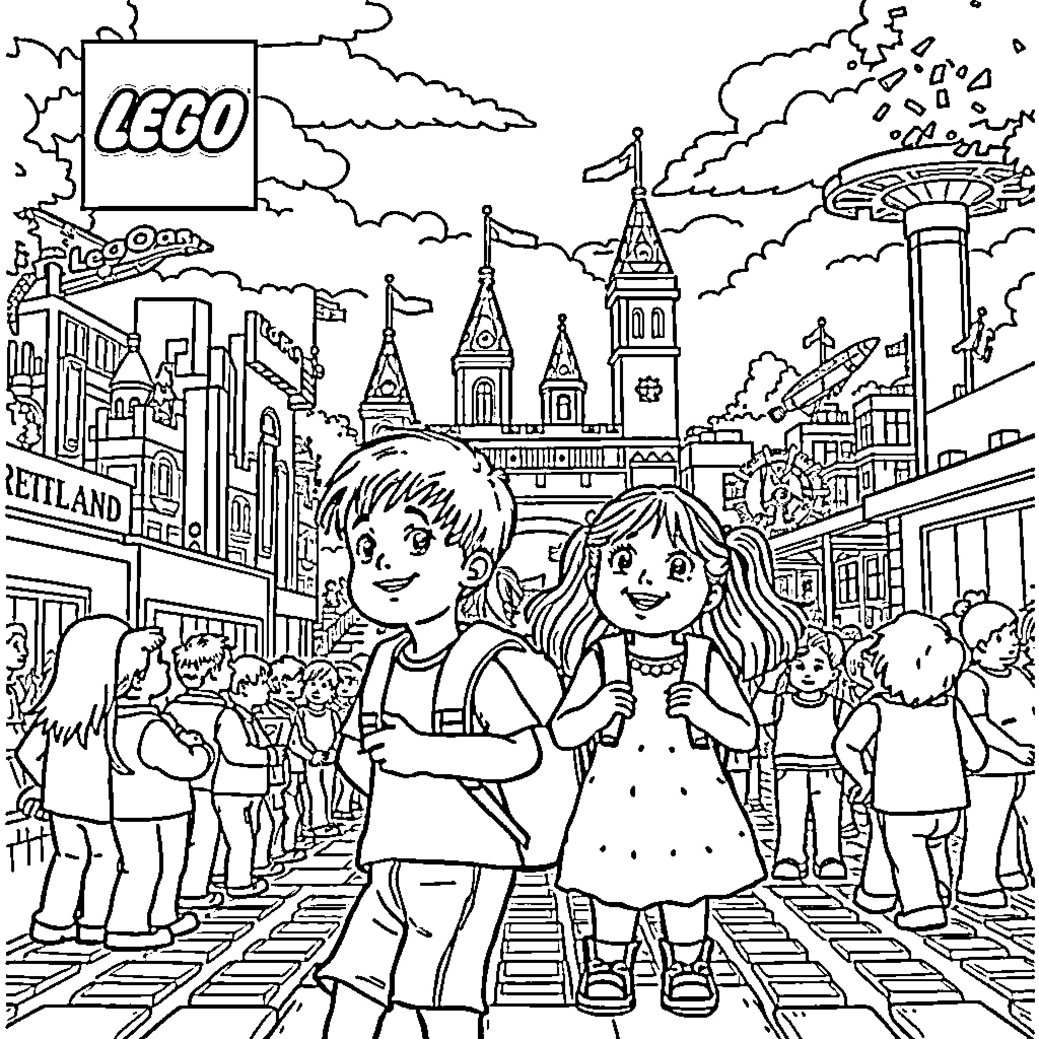 Children exploring the Lego cityscape Coloring Page (free black-and-white line drawing printable PDF for all, from beginners to advanced learners, including children, teens, adults, and seniors)