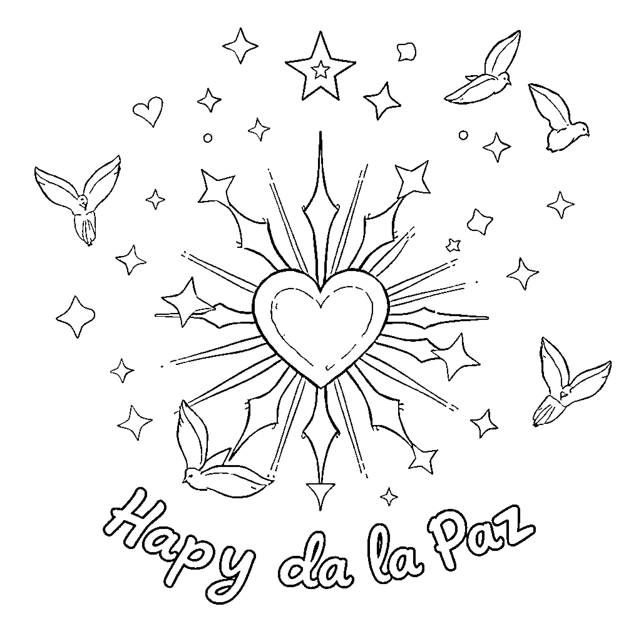 Peace Symbol with Sparkling Hearts and Butterflies Coloring Page (free black-and-white line drawing printable PDF for all, from beginners to advanced learners, including children, teens, adults, and seniors)