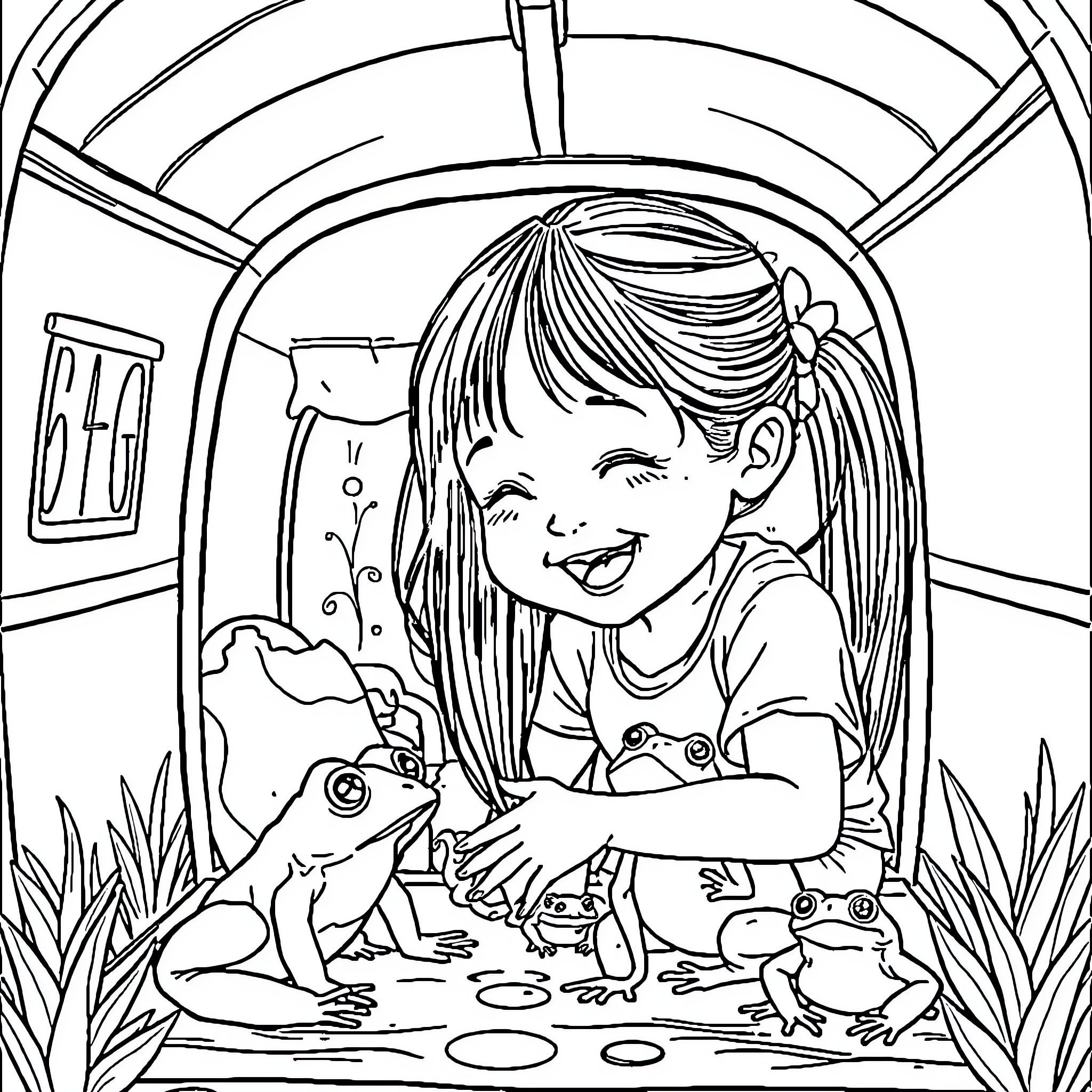 Filipina Girl Feeding Frogs in a Whimsical Garden Coloring Page (free black-and-white line drawing printable PDF for all, from beginners to advanced learners, including children, teens, adults, and seniors)