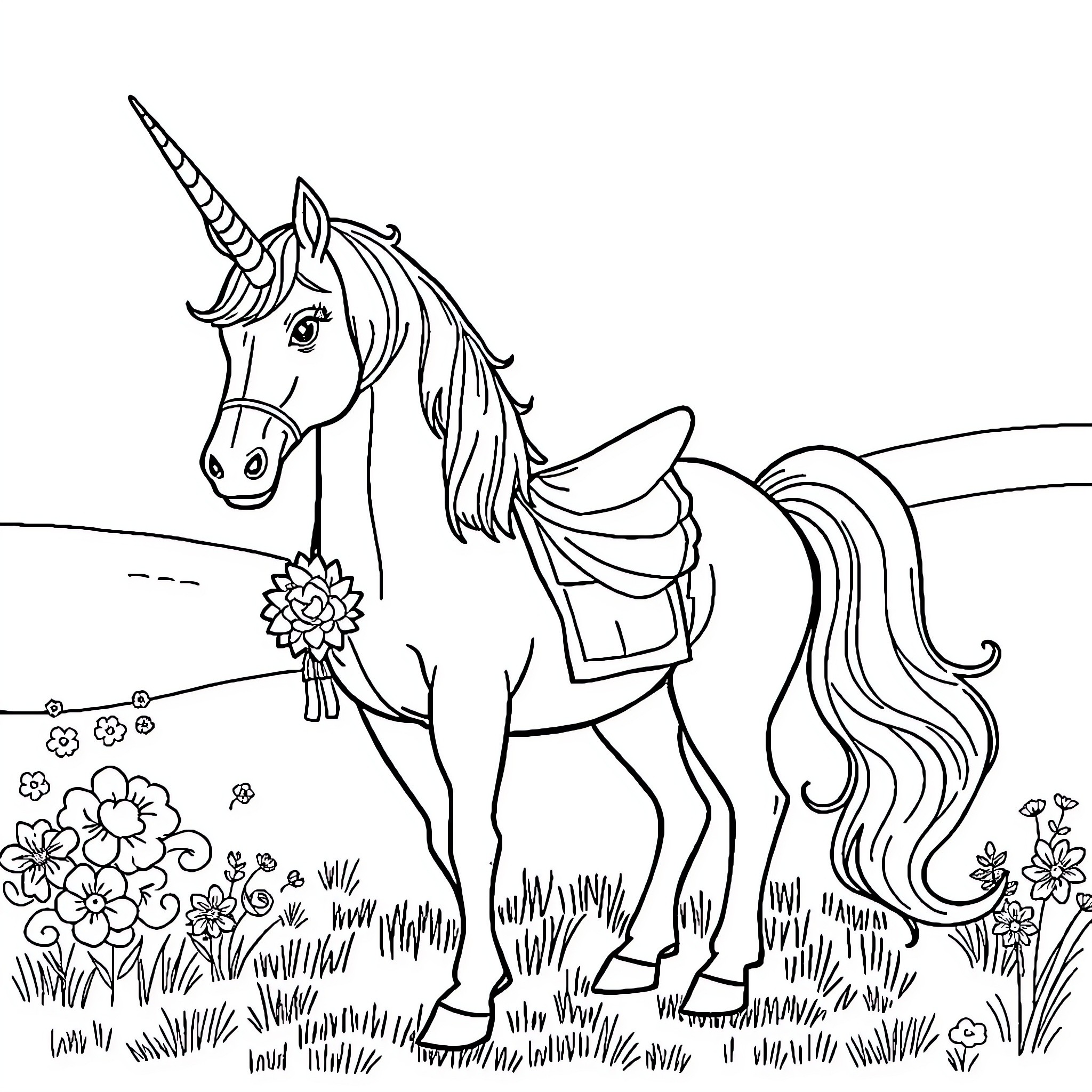 Unicorn with Flower Bouquet in Flowery Meadow Coloring Page (free black-and-white line drawing printable PDF for all, from beginners to advanced learners, including children, teens, adults, and seniors)