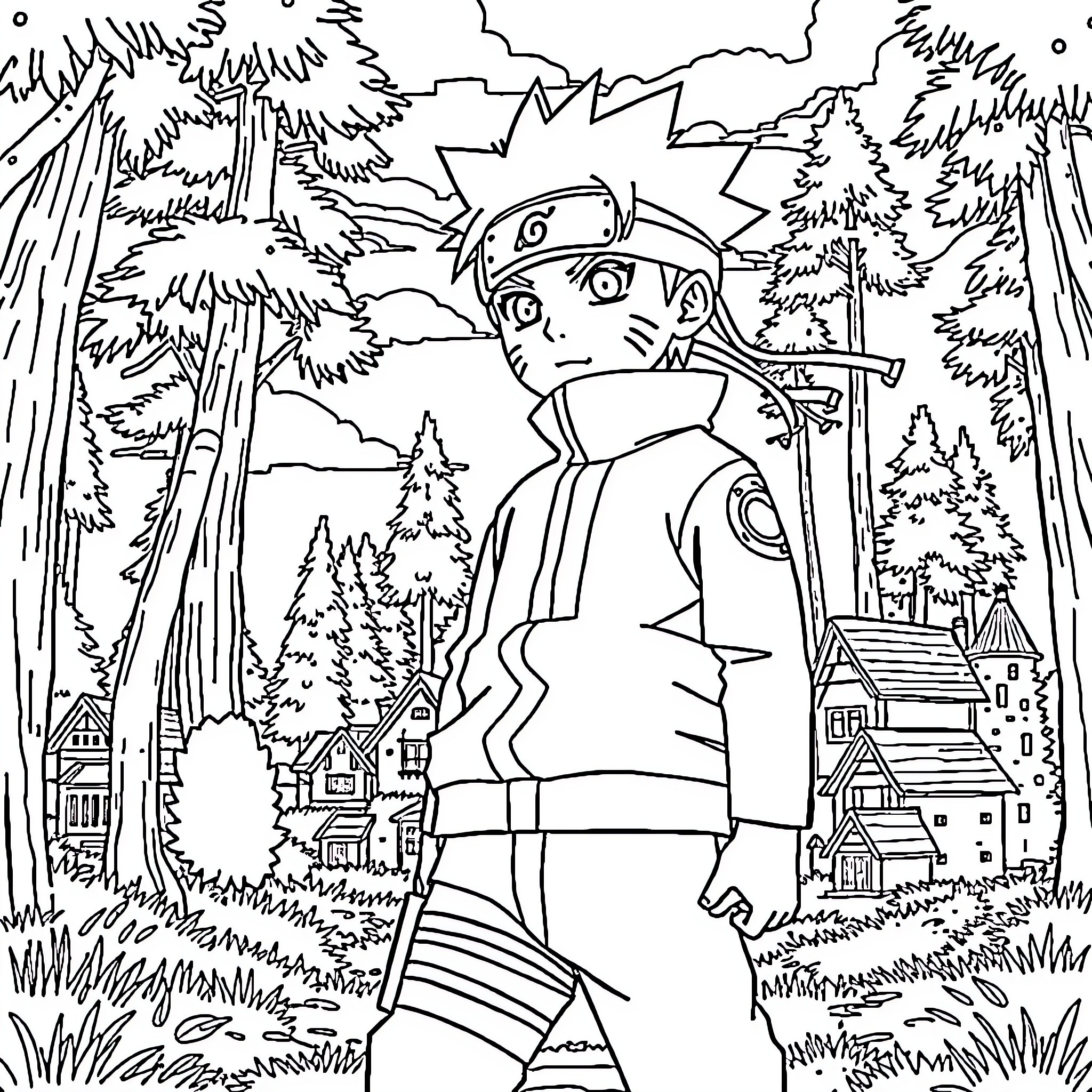 Naruto adventuring through the forest landscape Coloring Page (free black-and-white line drawing printable PDF for all, from beginners to advanced learners, including children, teens, adults, and seniors)