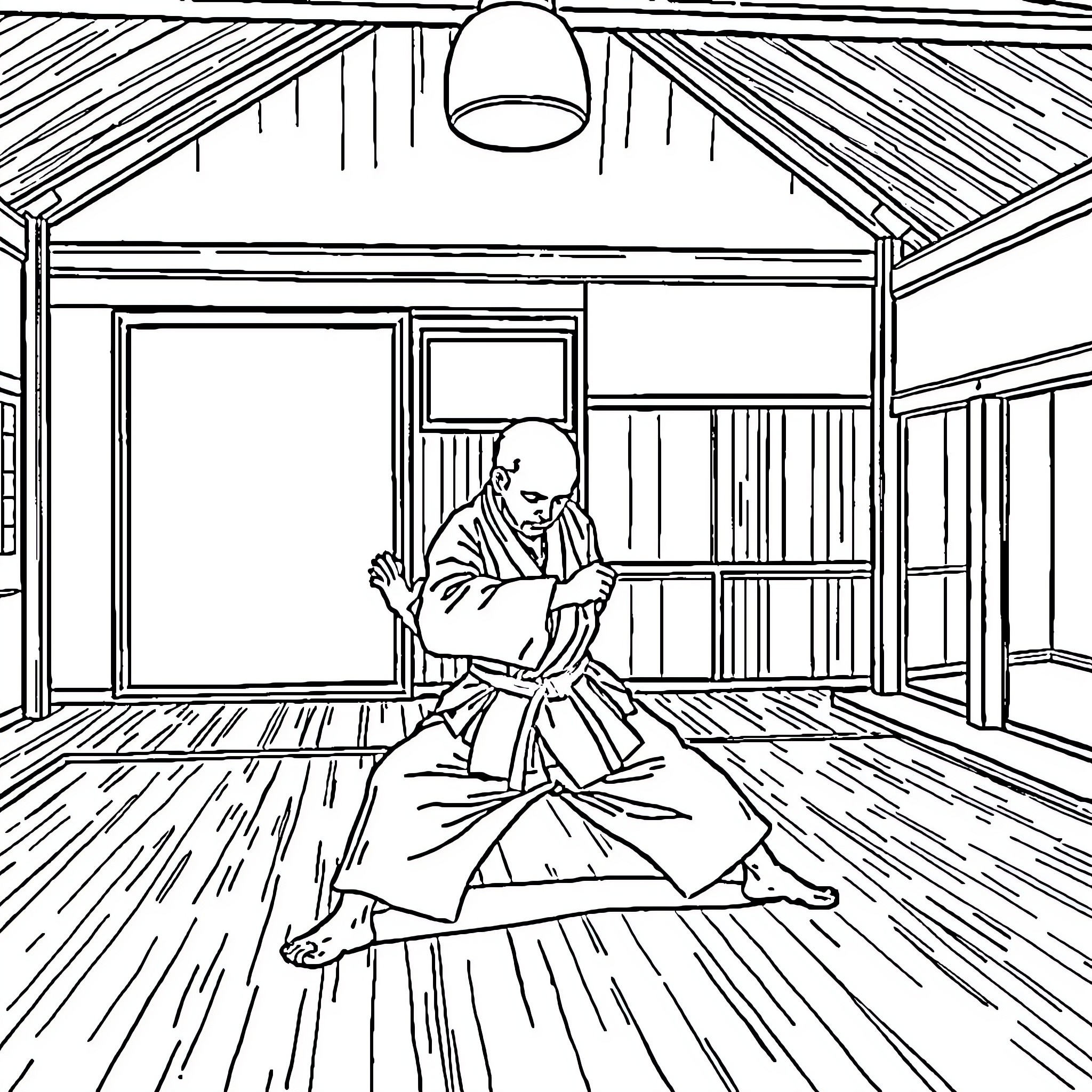 Aikidoka in traditional Japanese setting Coloring Page (free black-and-white line drawing printable PDF for all, from beginners to advanced learners, including children, teens, adults, and seniors)