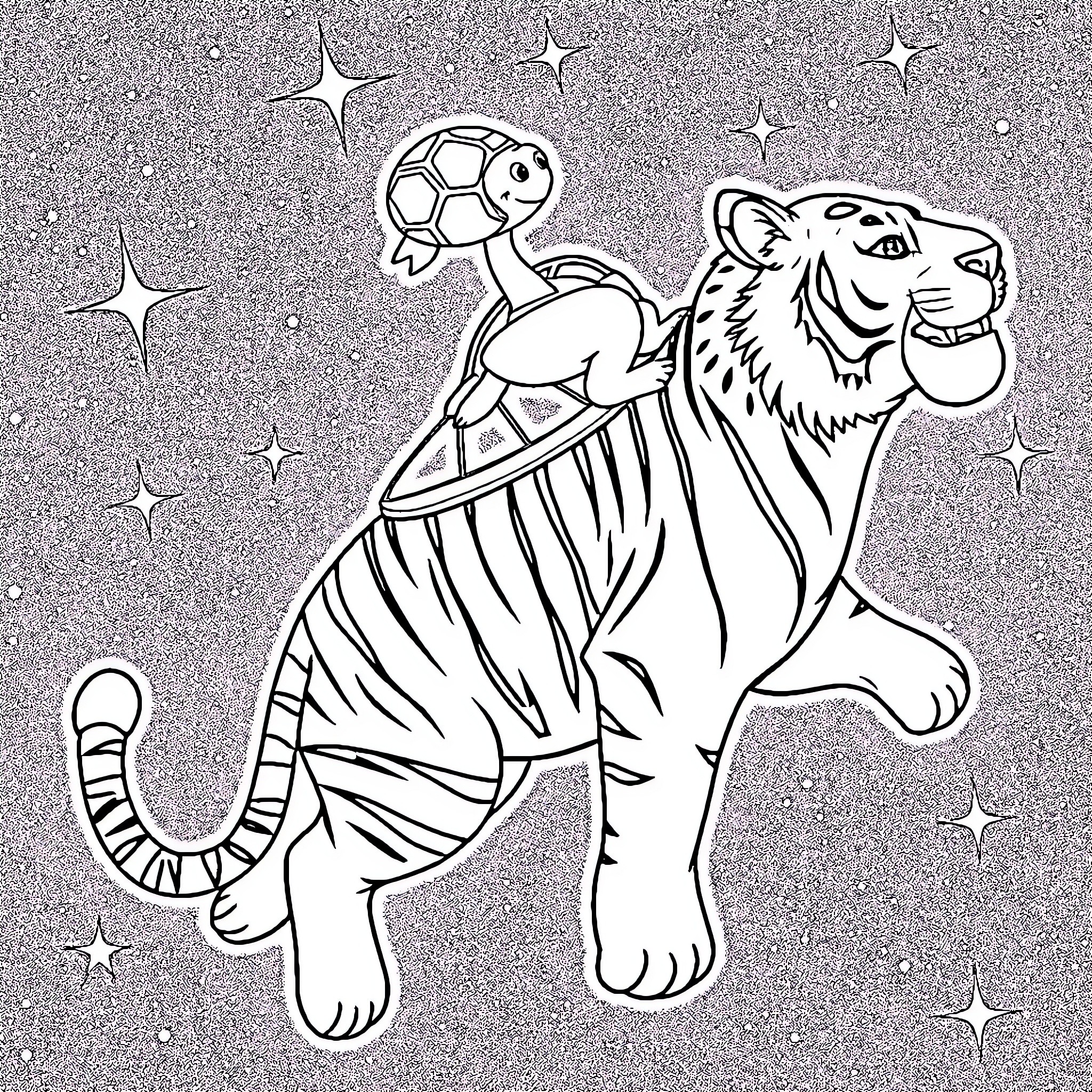 Turtle and Tiger in Starry Dreamscape Coloring Page (free black-and-white line drawing printable PDF for all, from beginners to advanced learners, including children, teens, adults, and seniors)