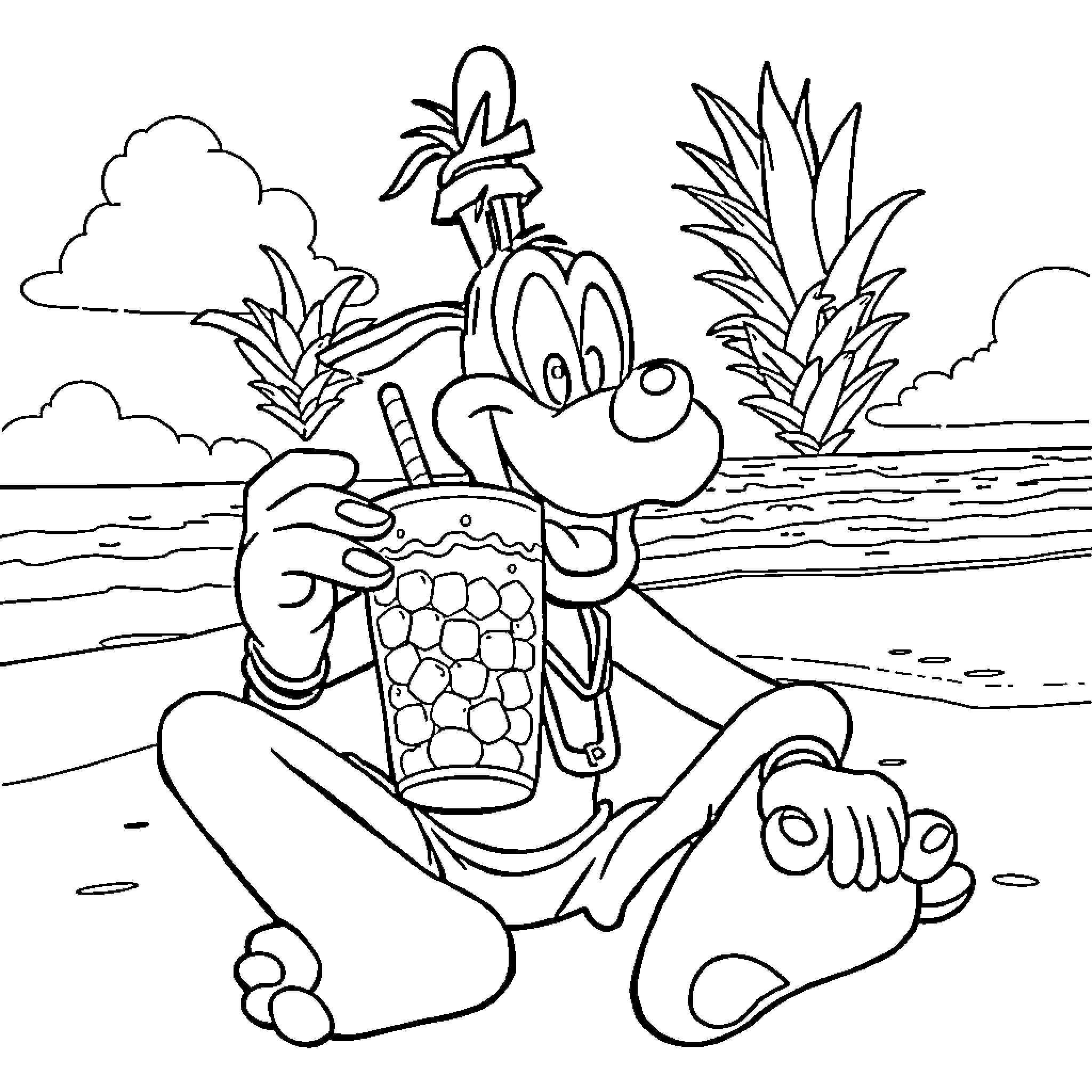 Goofy character relaxing on the beach with a drink Coloring Page (free black-and-white line drawing printable PDF for all, from beginners to advanced learners, including children, teens, adults, and seniors)