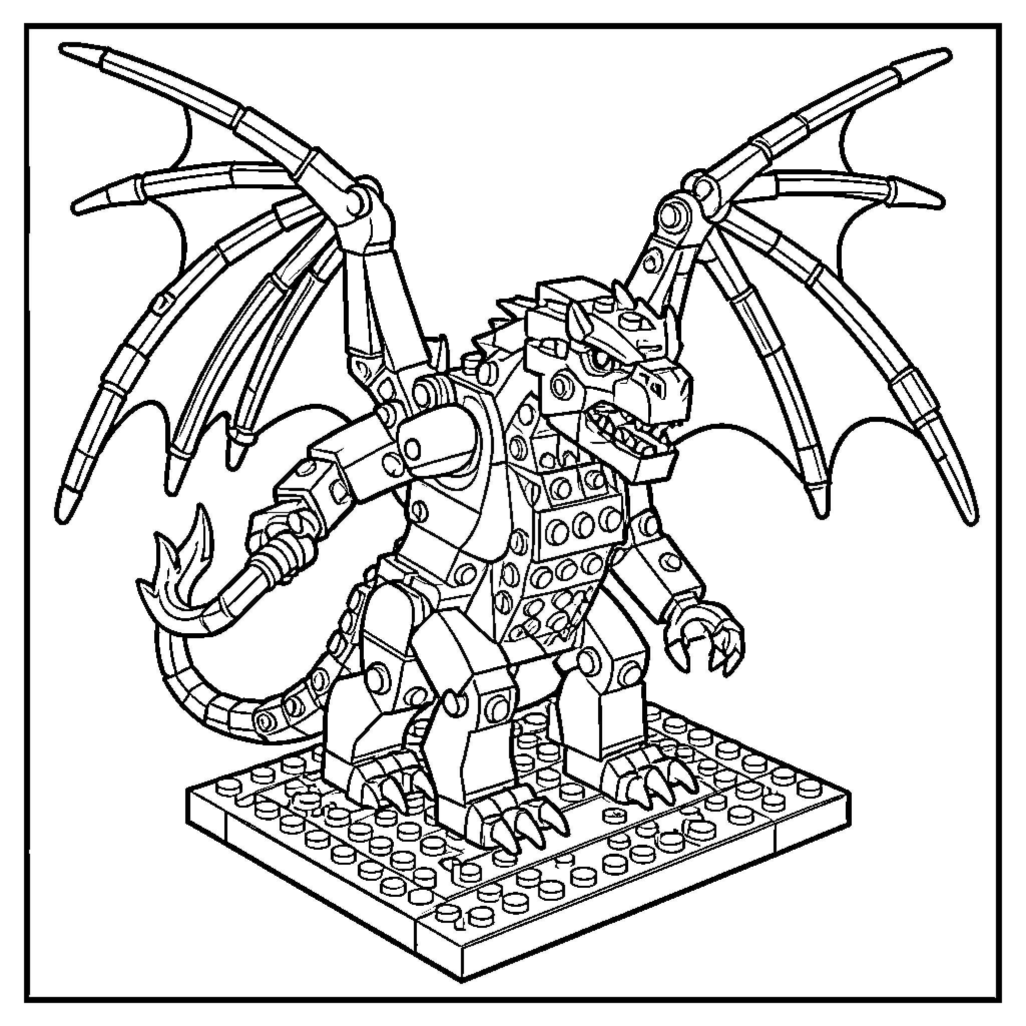 Balrog dragon standing on a brick base Coloring Page (free black-and-white line drawing printable PDF for all, from beginners to advanced learners, including children, teens, adults, and seniors)