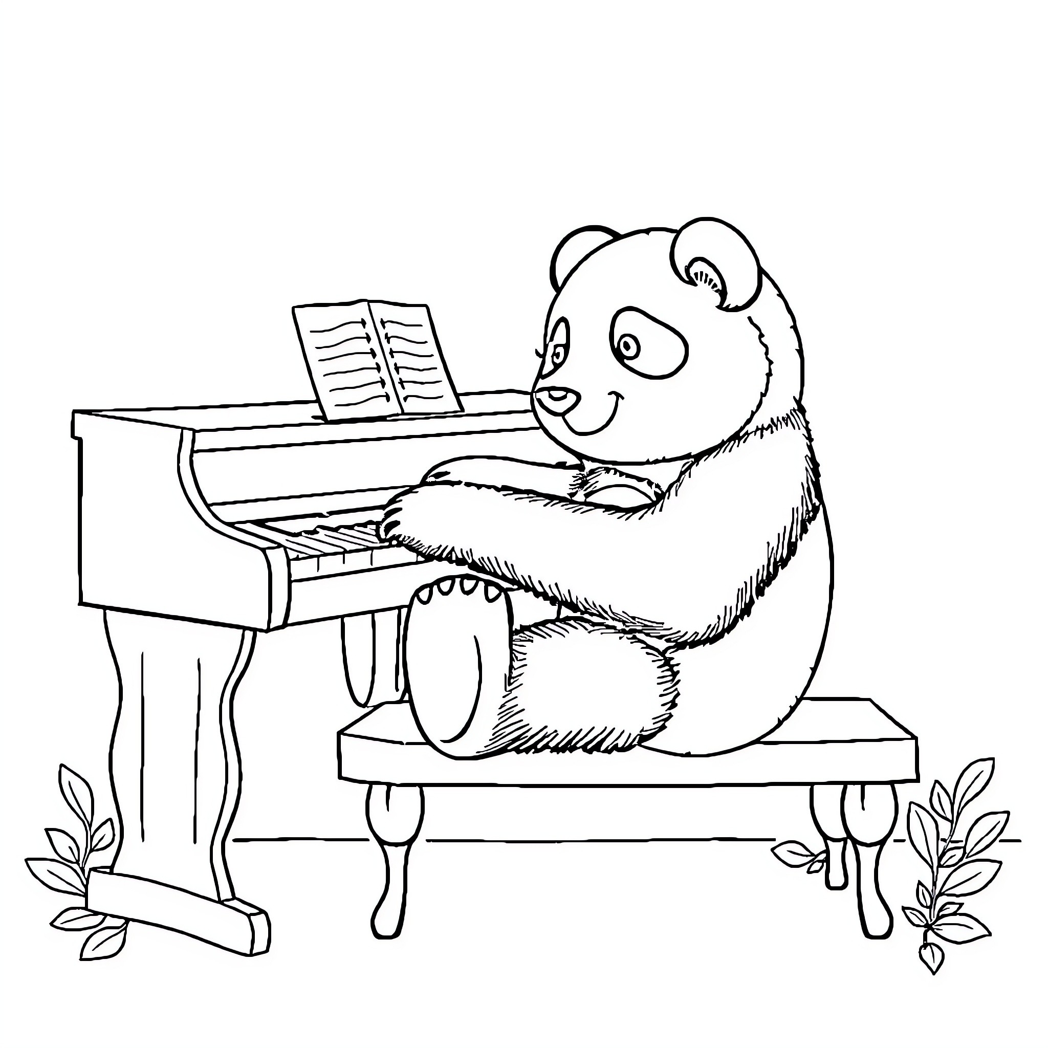 Panda playing a piano in a garden Coloring Page (free black-and-white line drawing printable PDF for all, from beginners to advanced learners, including children, teens, adults, and seniors)
