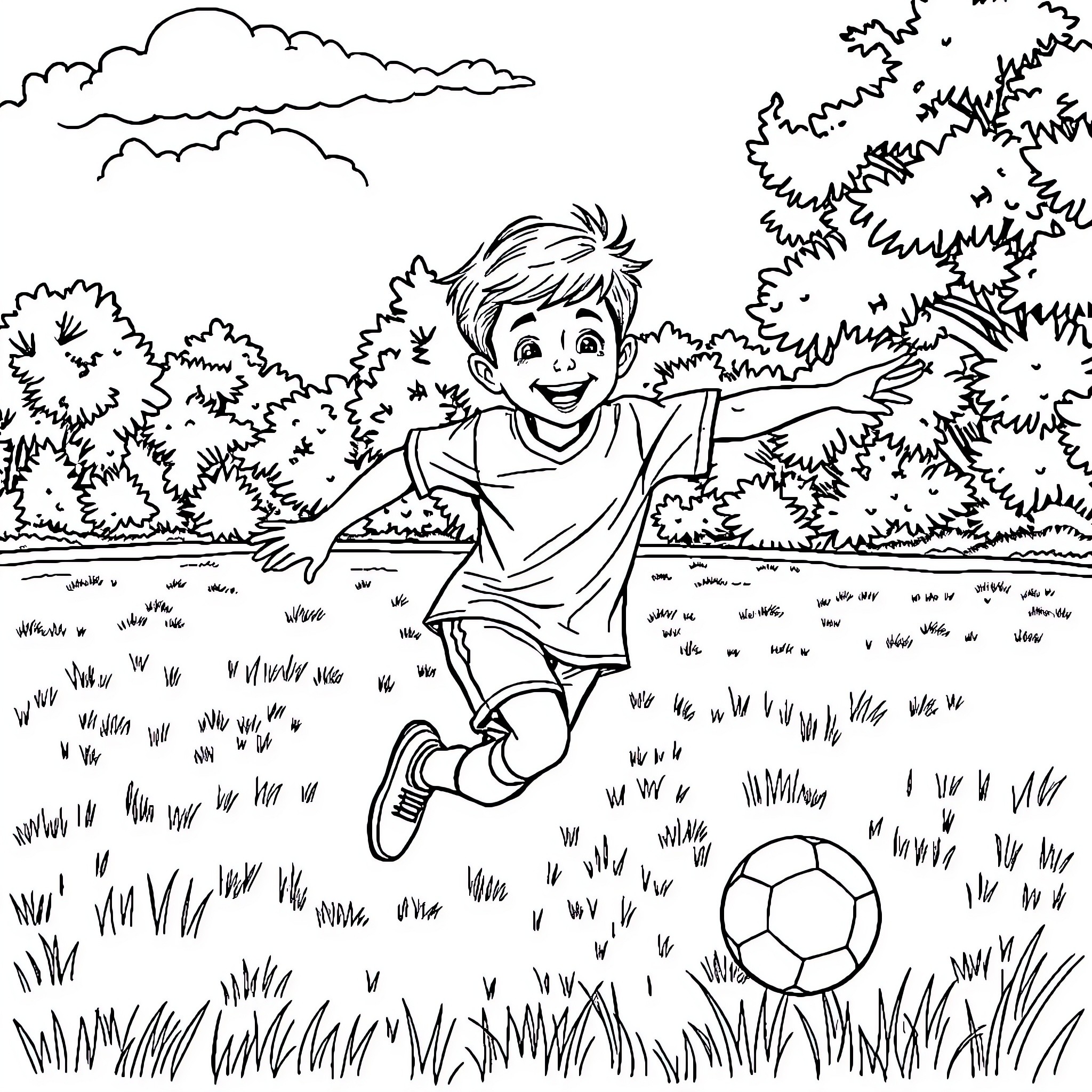 Boy playing joyfully with soccer ball in the park Coloring Page (free black-and-white line drawing printable PDF for all, from beginners to advanced learners, including children, teens, adults, and seniors)
