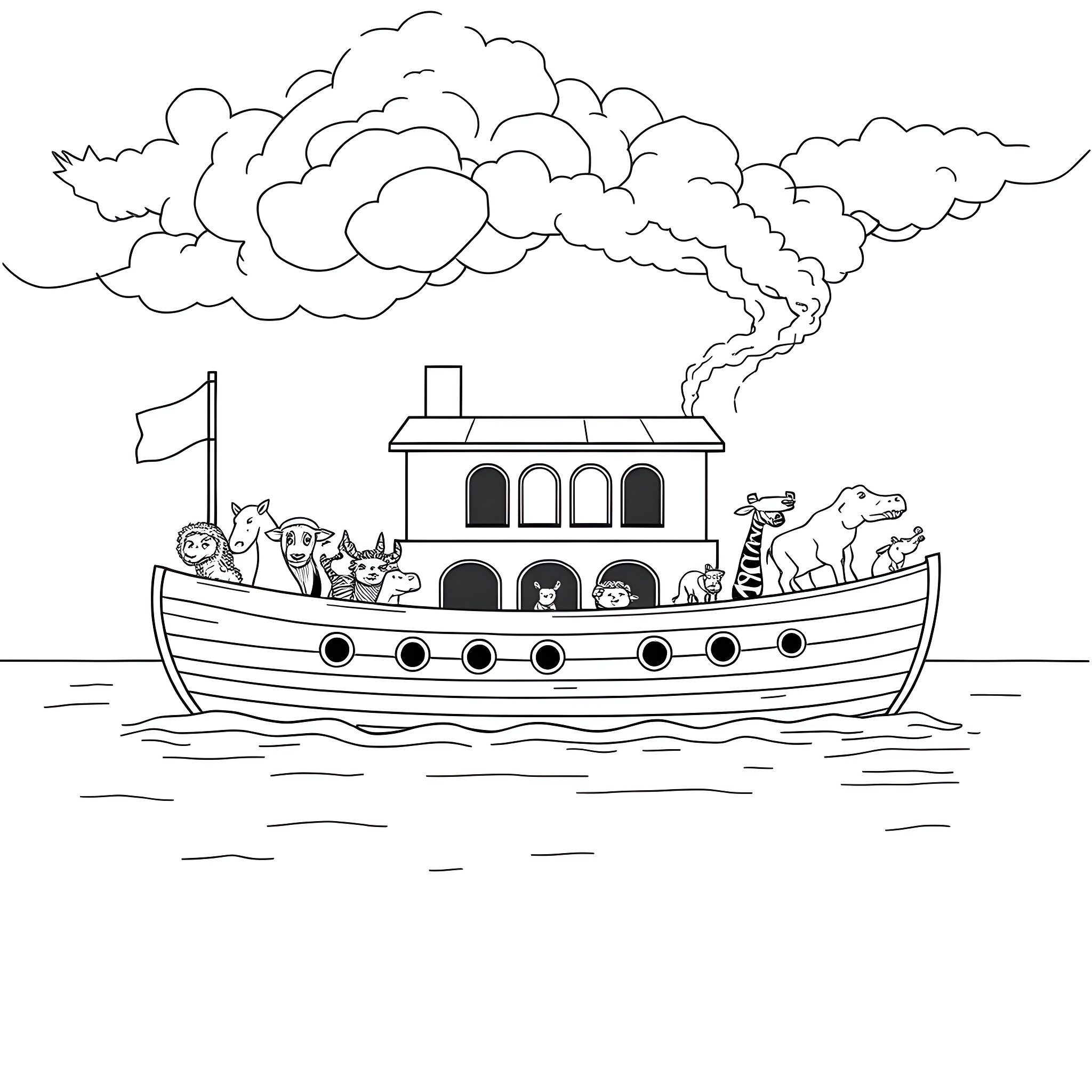 Noah's Ark with Animals and Clouds Coloring Page (free black-and-white line drawing printable PDF for all, from beginners to advanced learners, including children, teens, adults, and seniors)