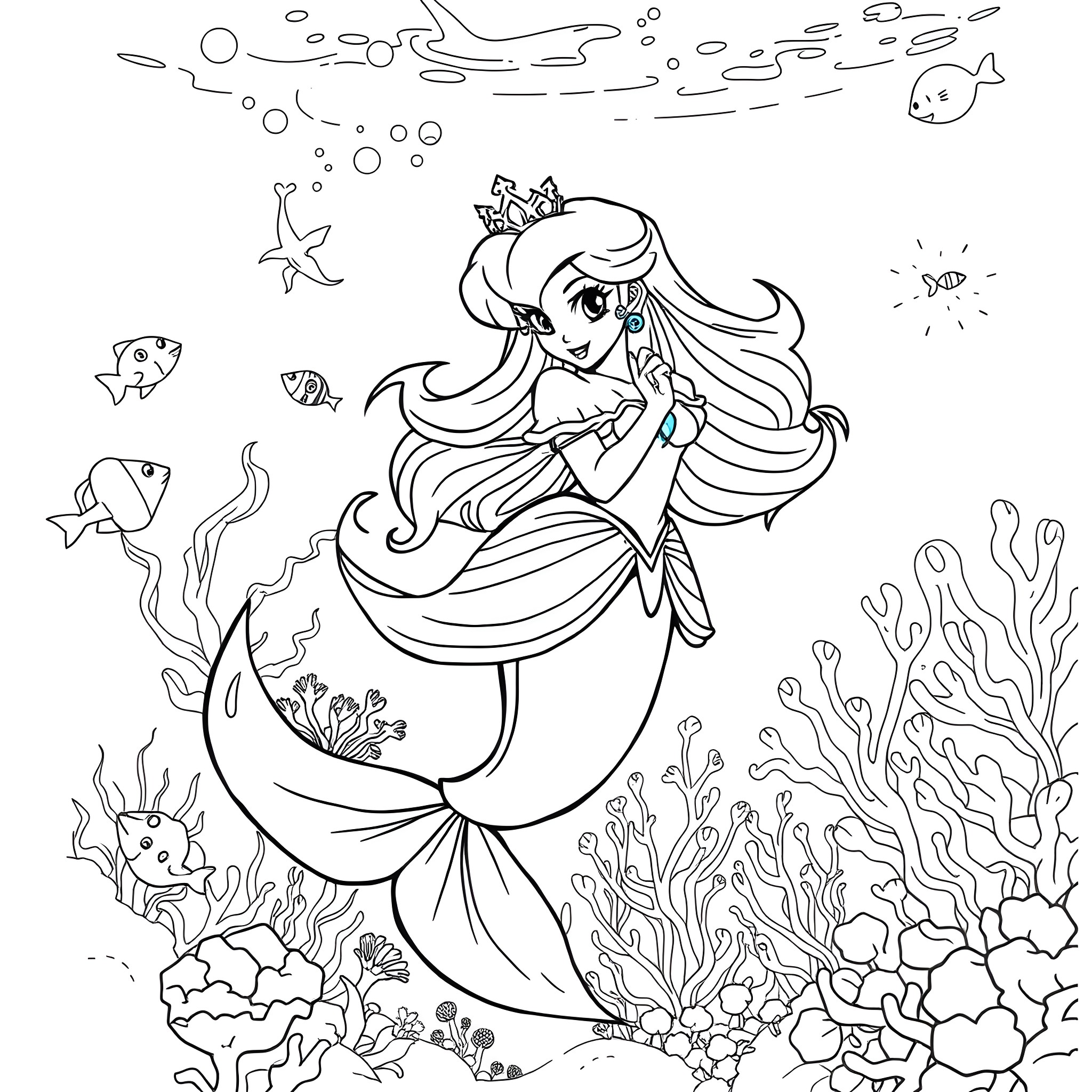 Princess Peach as a Mermaid in an Underwater Seascape Coloring Page (free black-and-white line drawing printable PDF for all, from beginners to advanced learners, including children, teens, adults, and seniors)