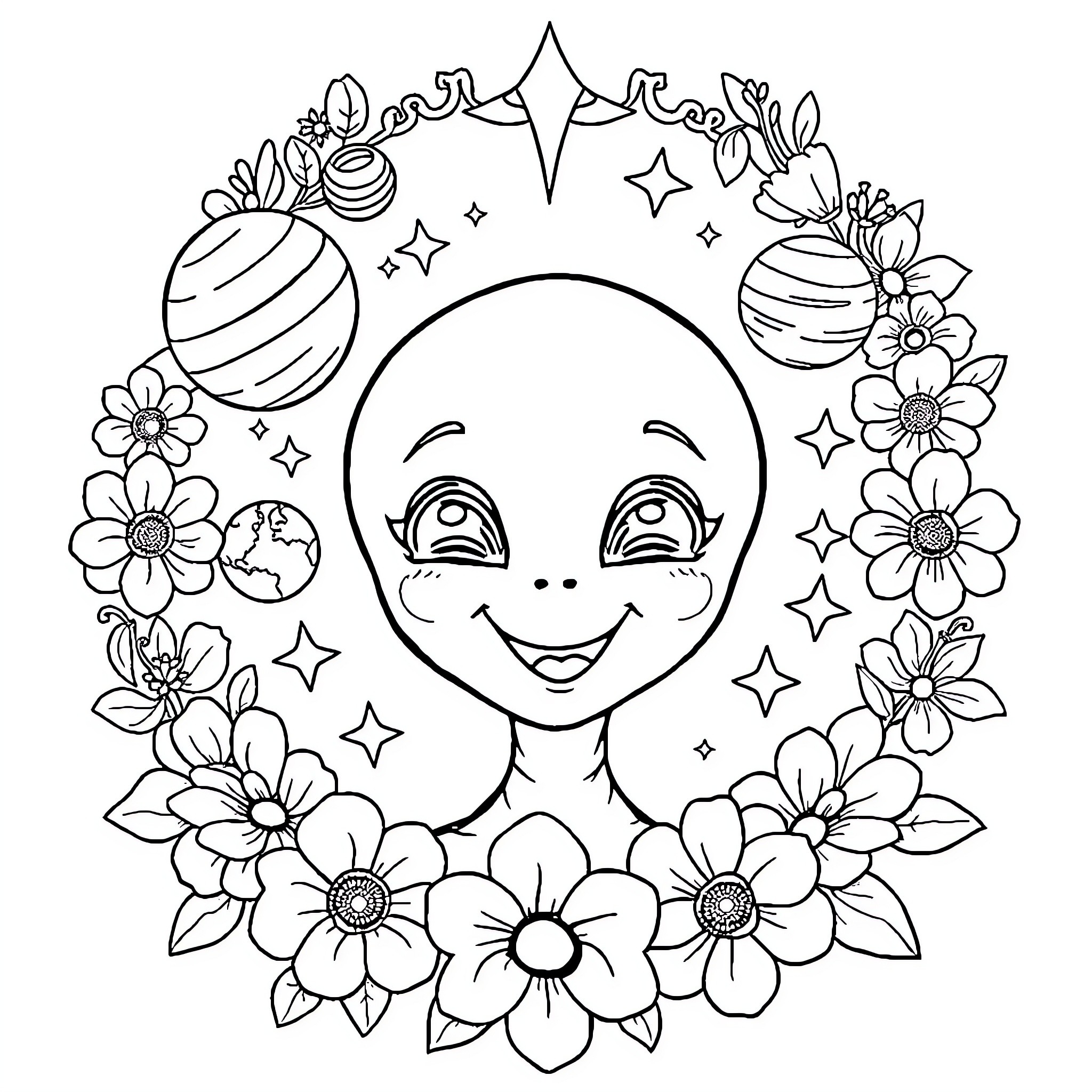 Alien in a floral wreath with whimsical decor Coloring Page (free black-and-white line drawing printable PDF for all, from beginners to advanced learners, including children, teens, adults, and seniors)