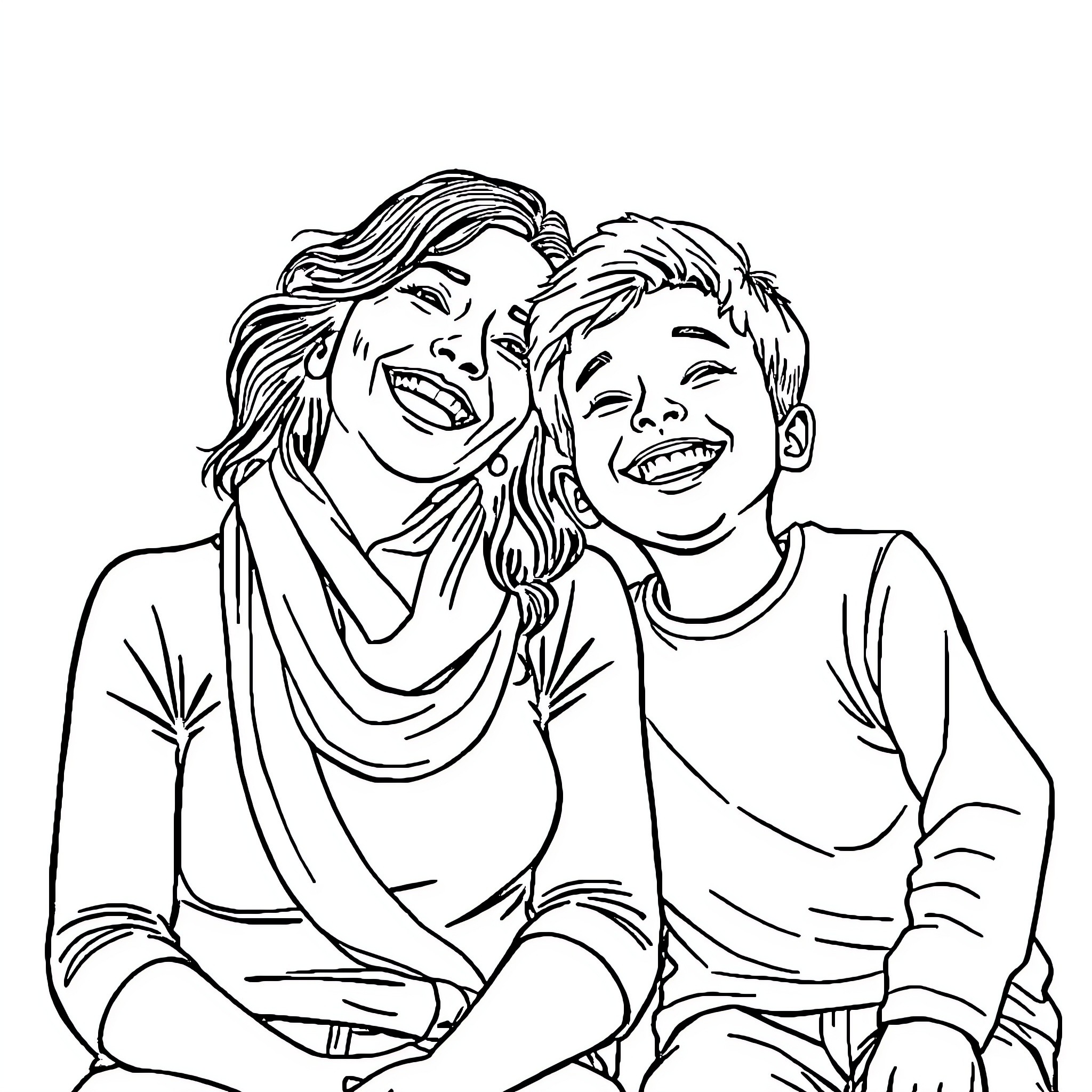 Mother and Son Sharing a Joyful Moment Coloring Page (free black-and-white line drawing printable PDF for all, from beginners to advanced learners, including children, teens, adults, and seniors)