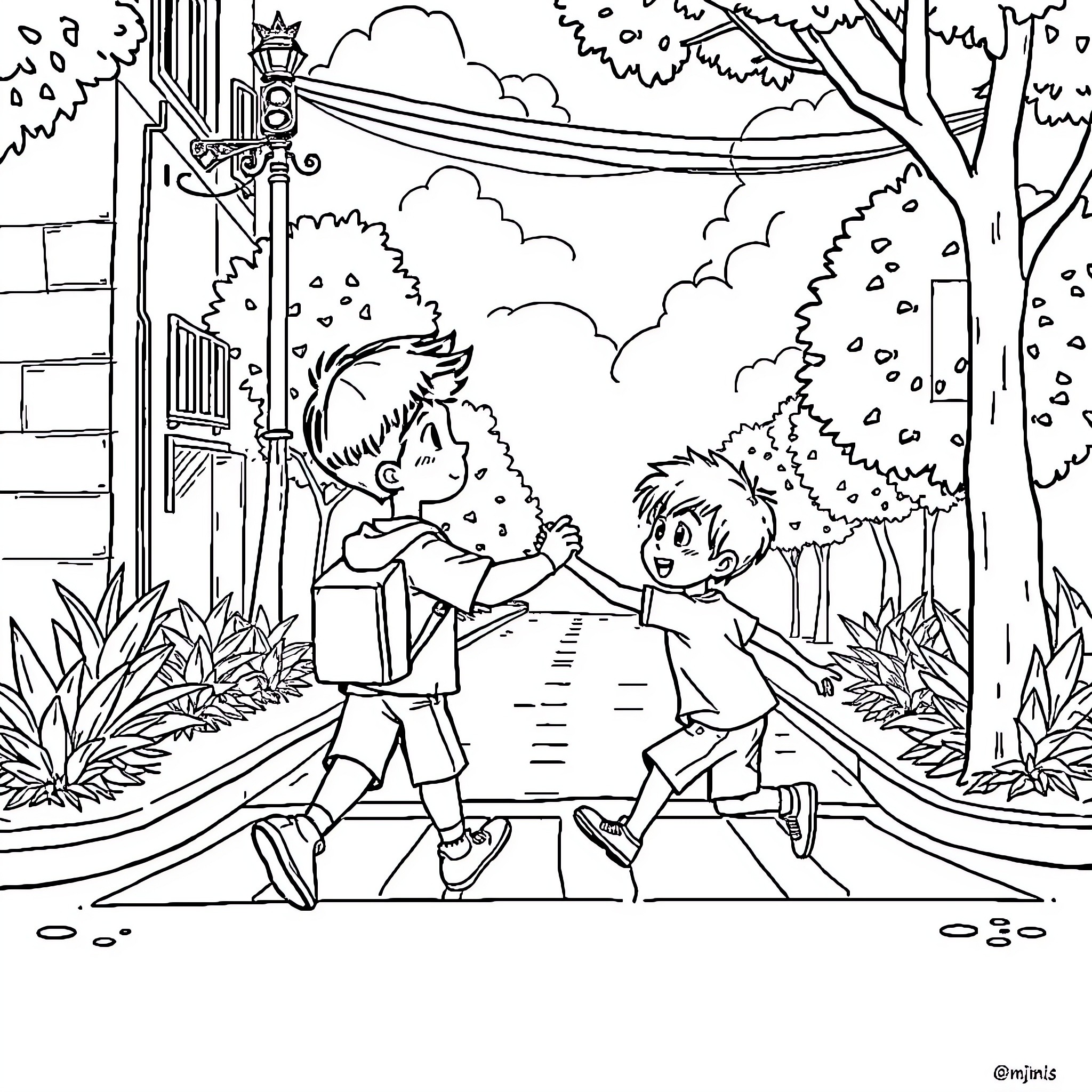 Niños jugando alegremente en el parque Coloring Page (free black-and-white line drawing printable PDF for all, from beginners to advanced learners, including children, teens, adults, and seniors)