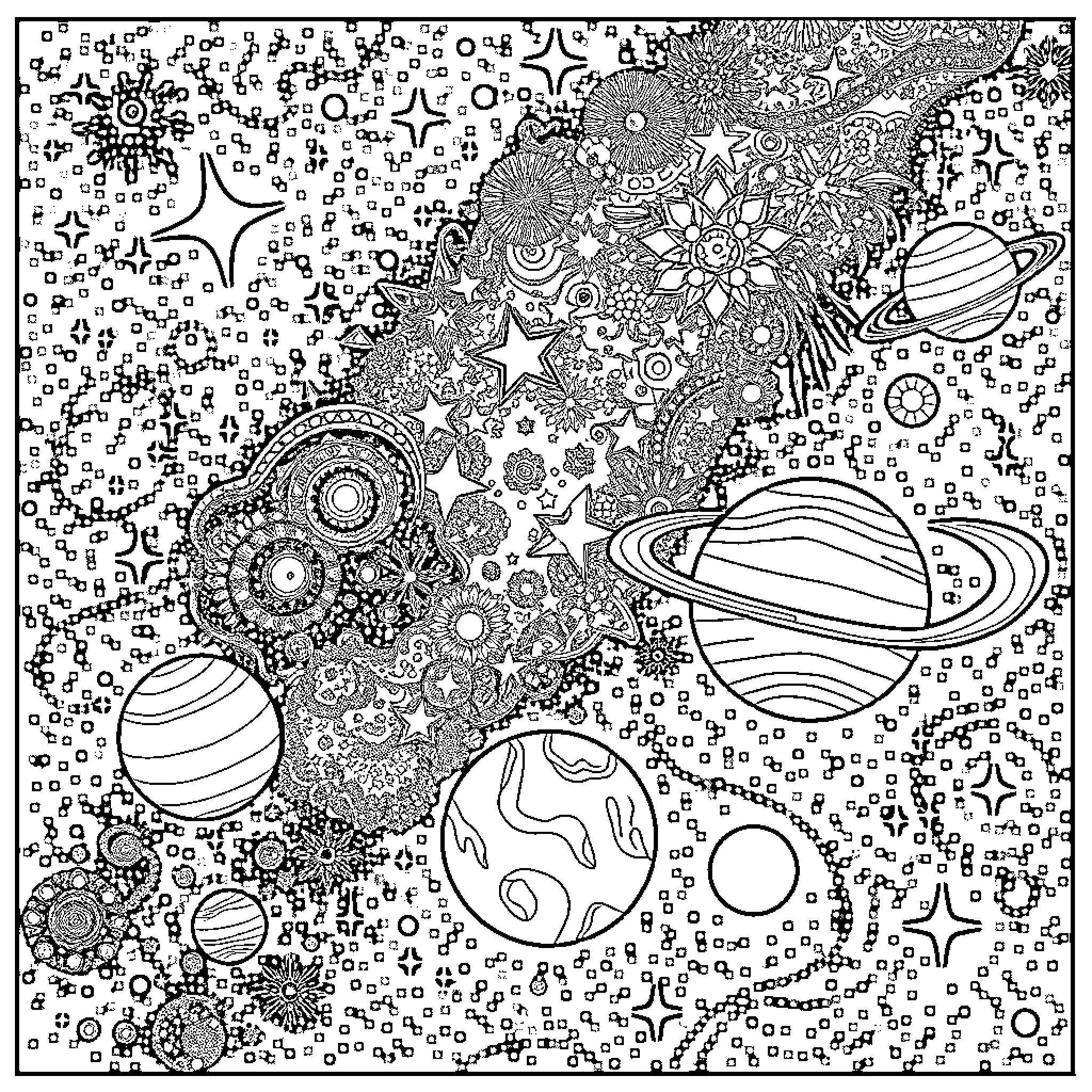 Universe Filled with Intricate Cosmic Patterns Coloring Page (free black-and-white line drawing printable PDF for all, from beginners to advanced learners, including children, teens, adults, and seniors)
