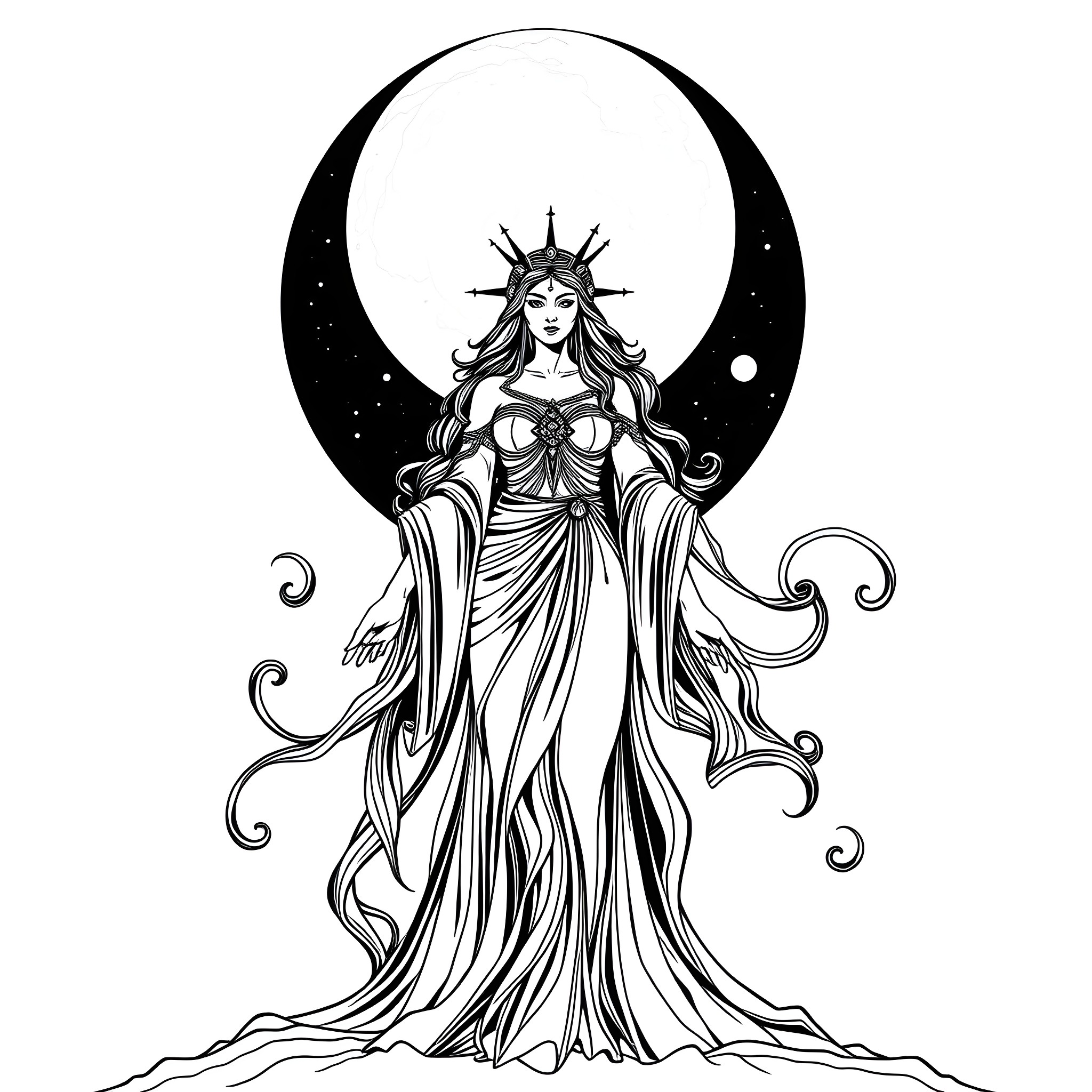 Goddess of the Night's Embrace Coloring Page (free black-and-white line drawing printable PDF for all, from beginners to advanced learners, including children, teens, adults, and seniors)