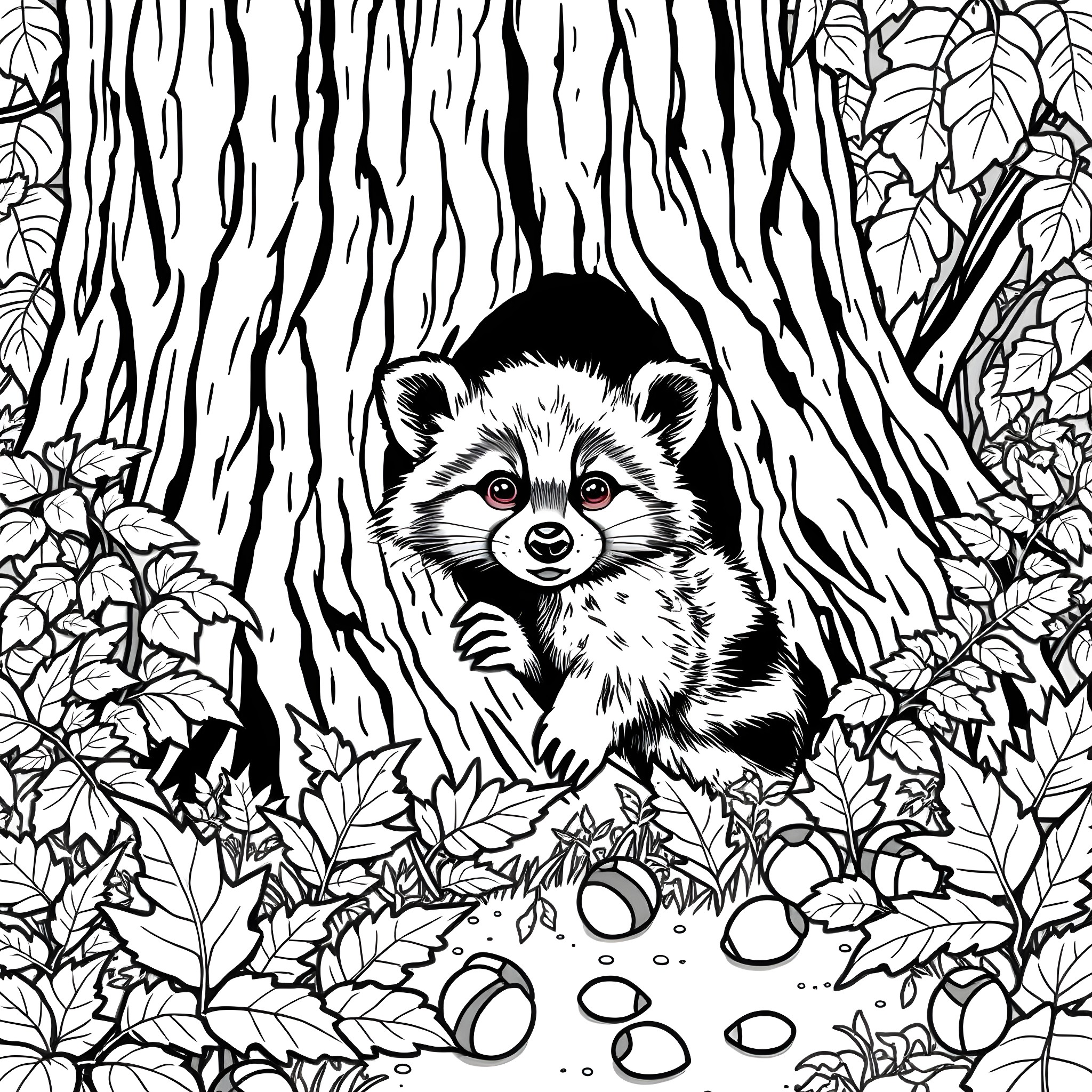 Raccoon exploring the forest Coloring Page (free black-and-white line drawing printable PDF for all, from beginners to advanced learners, including children, teens, adults, and seniors)