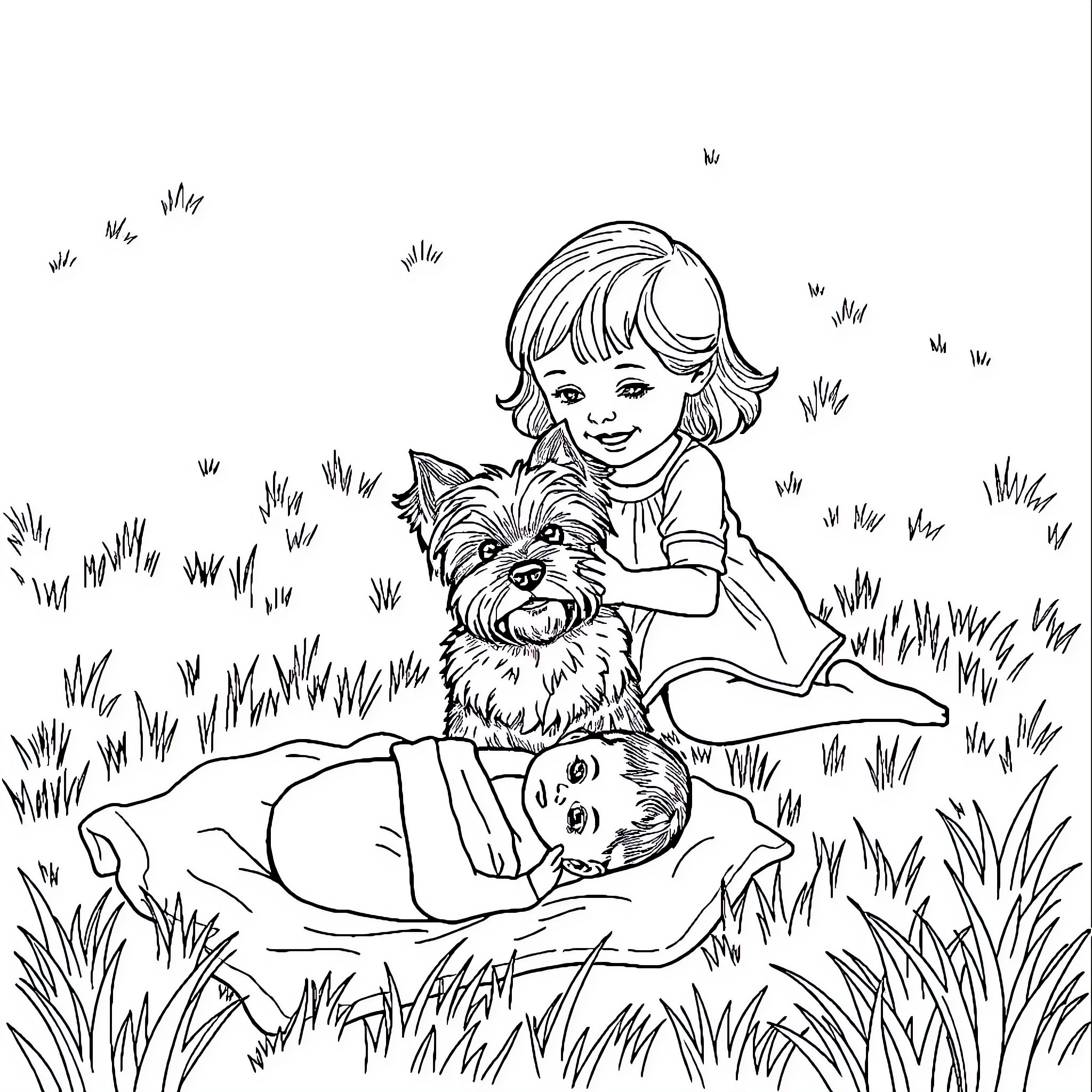 Girl Playing with Dog in Grassy Field Coloring Page (free black-and-white line drawing printable PDF for all, from beginners to advanced learners, including children, teens, adults, and seniors)