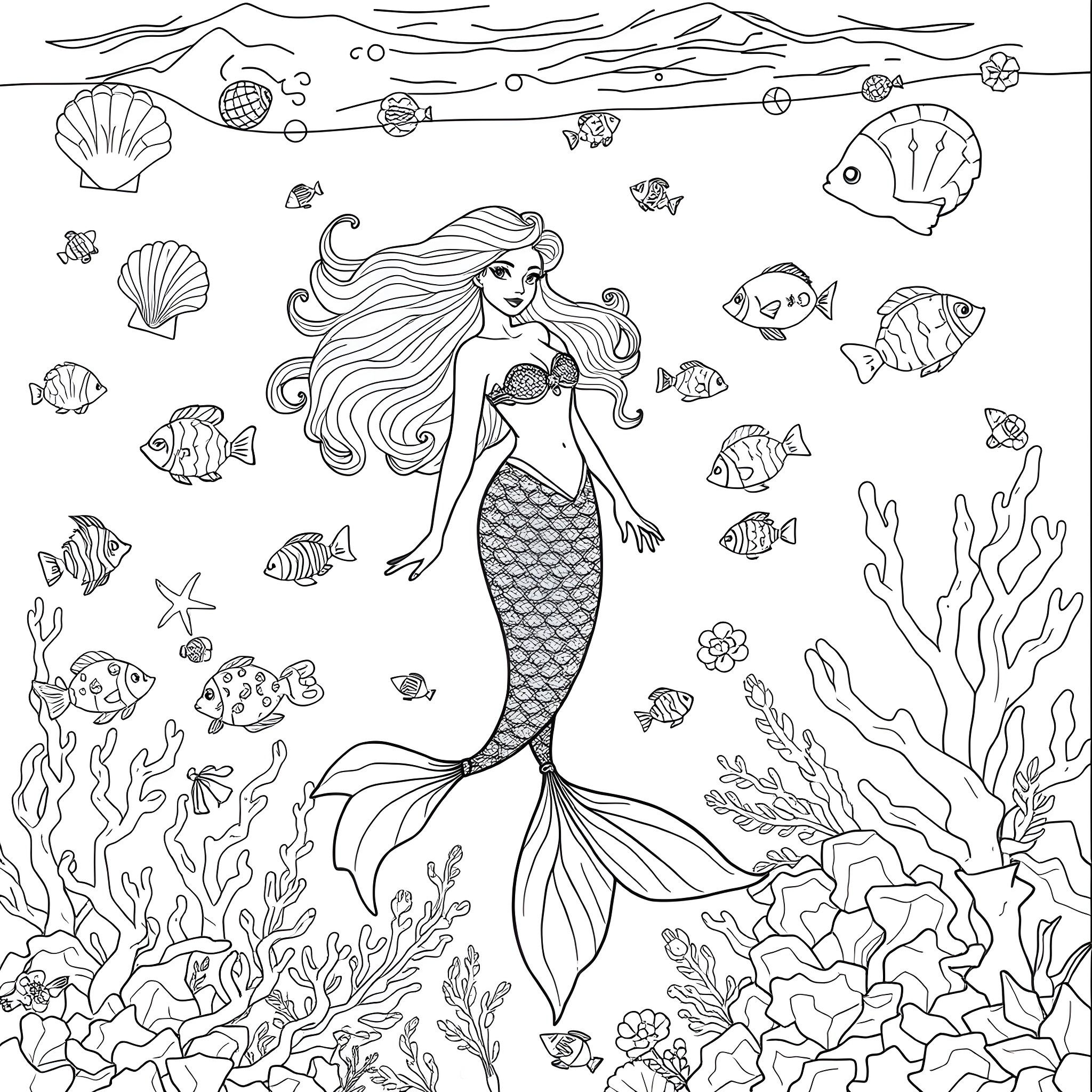 Mermaid swimming among vibrant marine life Coloring Page (free black-and-white line drawing printable PDF for all, from beginners to advanced learners, including children, teens, adults, and seniors)