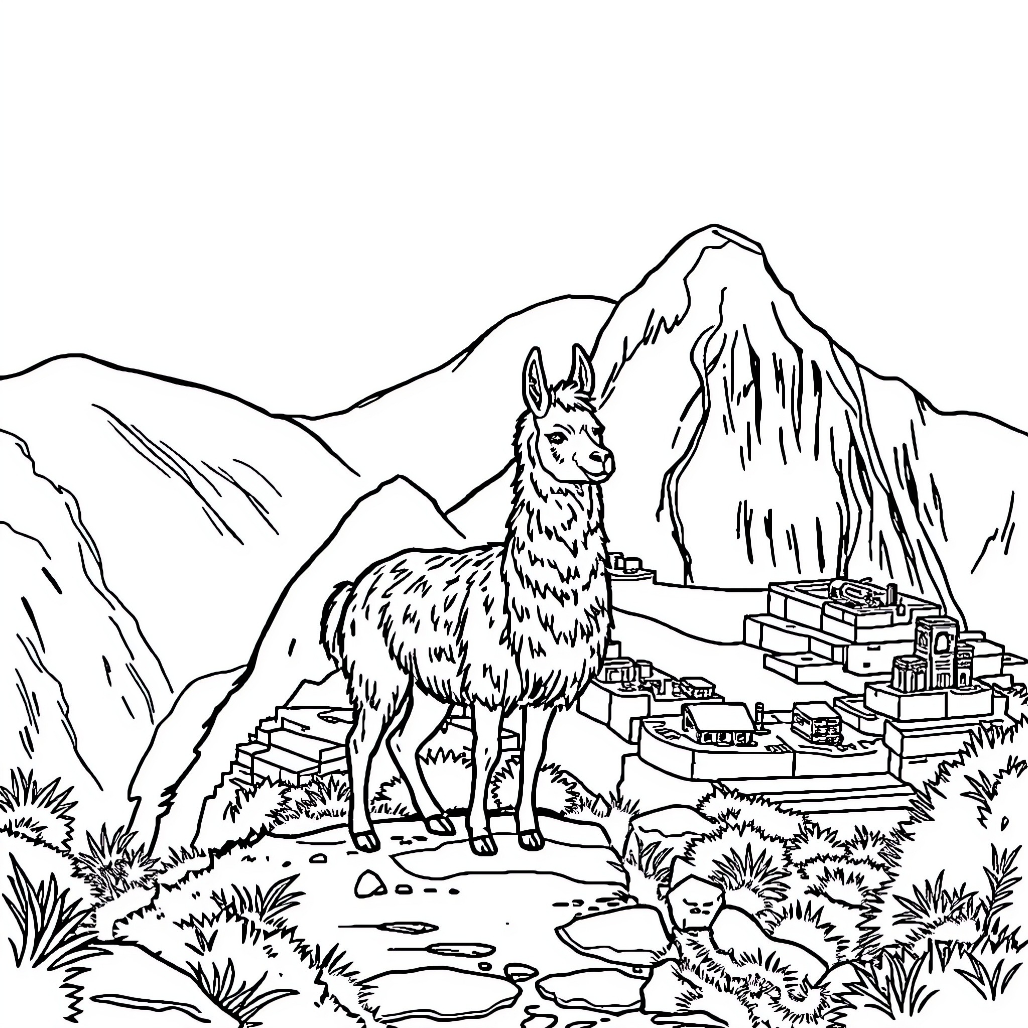 Llama exploring the mountainous landscape Coloring Page (free black-and-white line drawing printable PDF for all, from beginners to advanced learners, including children, teens, adults, and seniors)