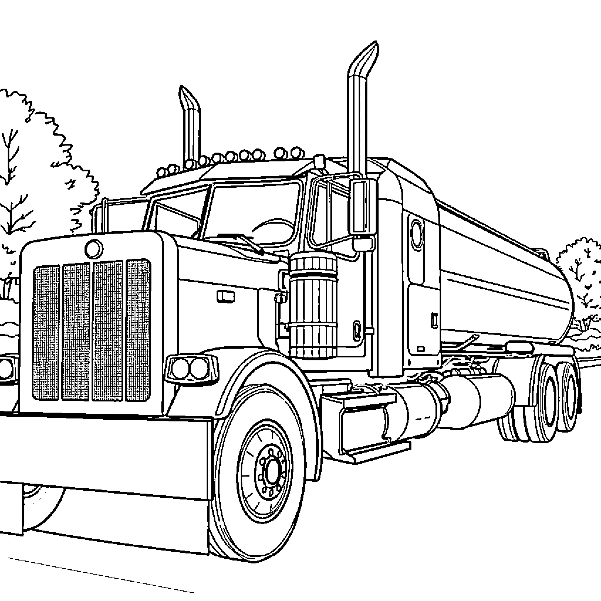 Peterbilt semi-truck driving on the road Coloring Page (free black-and-white line drawing printable PDF for all, from beginners to advanced learners, including children, teens, adults, and seniors)