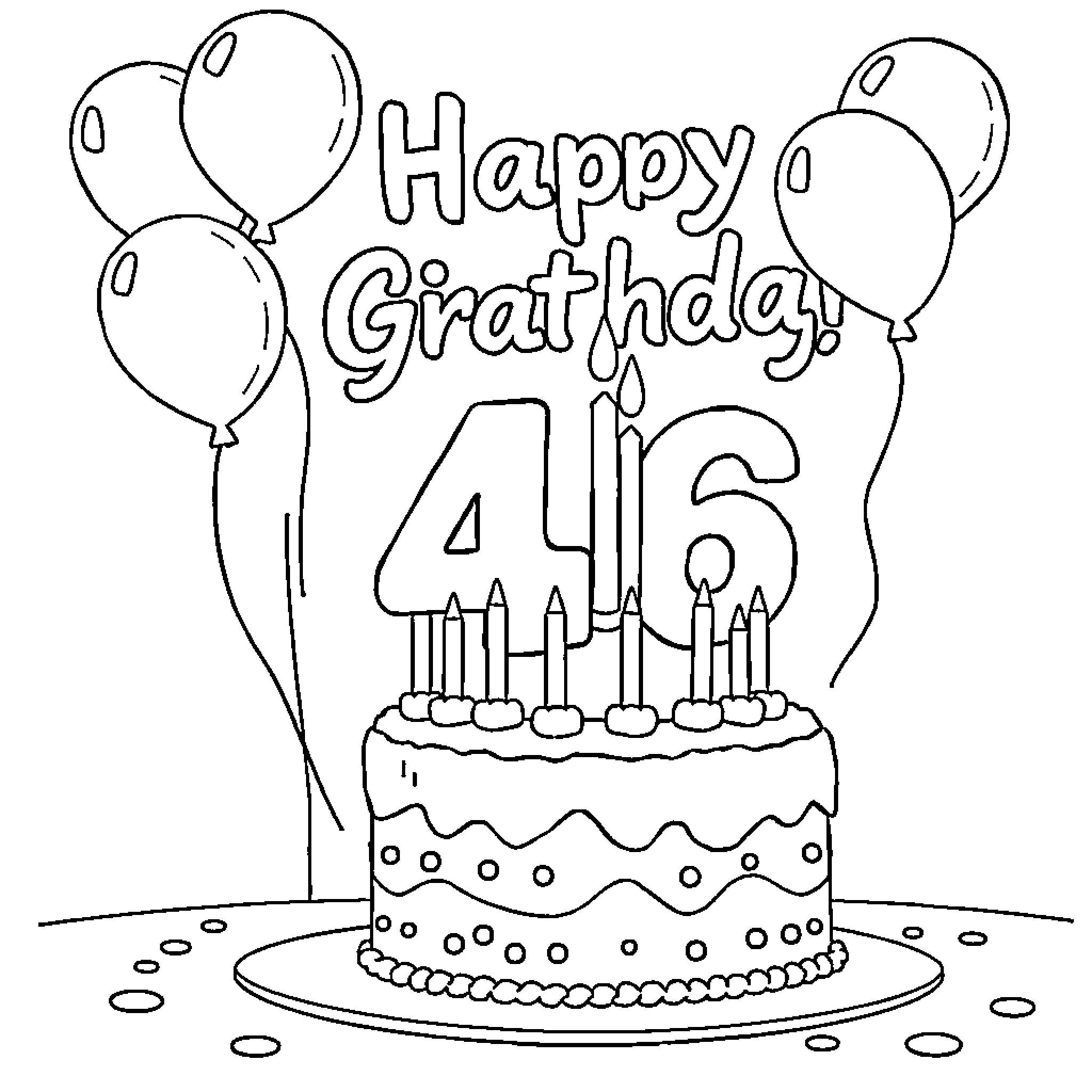 Grandpa's 46th birthday celebration with cake and balloons Coloring Page (free black-and-white line drawing printable PDF for all, from beginners to advanced learners, including children, teens, adults, and seniors)