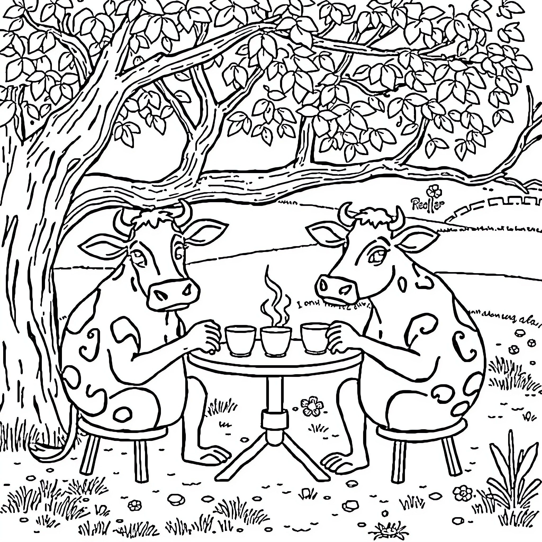 Cows enjoying tea under a tree Coloring Page (free black-and-white line drawing printable PDF for all, from beginners to advanced learners, including children, teens, adults, and seniors)