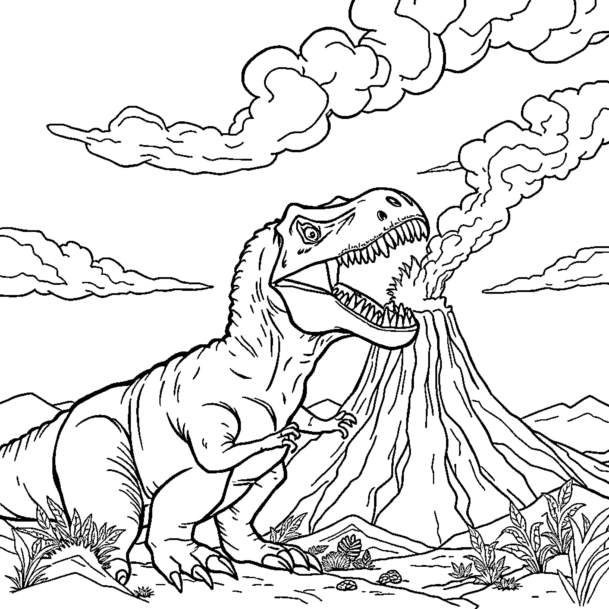 T-Rex erupting from volcano in dramatic scene Coloring Page (free black-and-white line drawing printable PDF for all, from beginners to advanced learners, including children, teens, adults, and seniors)
