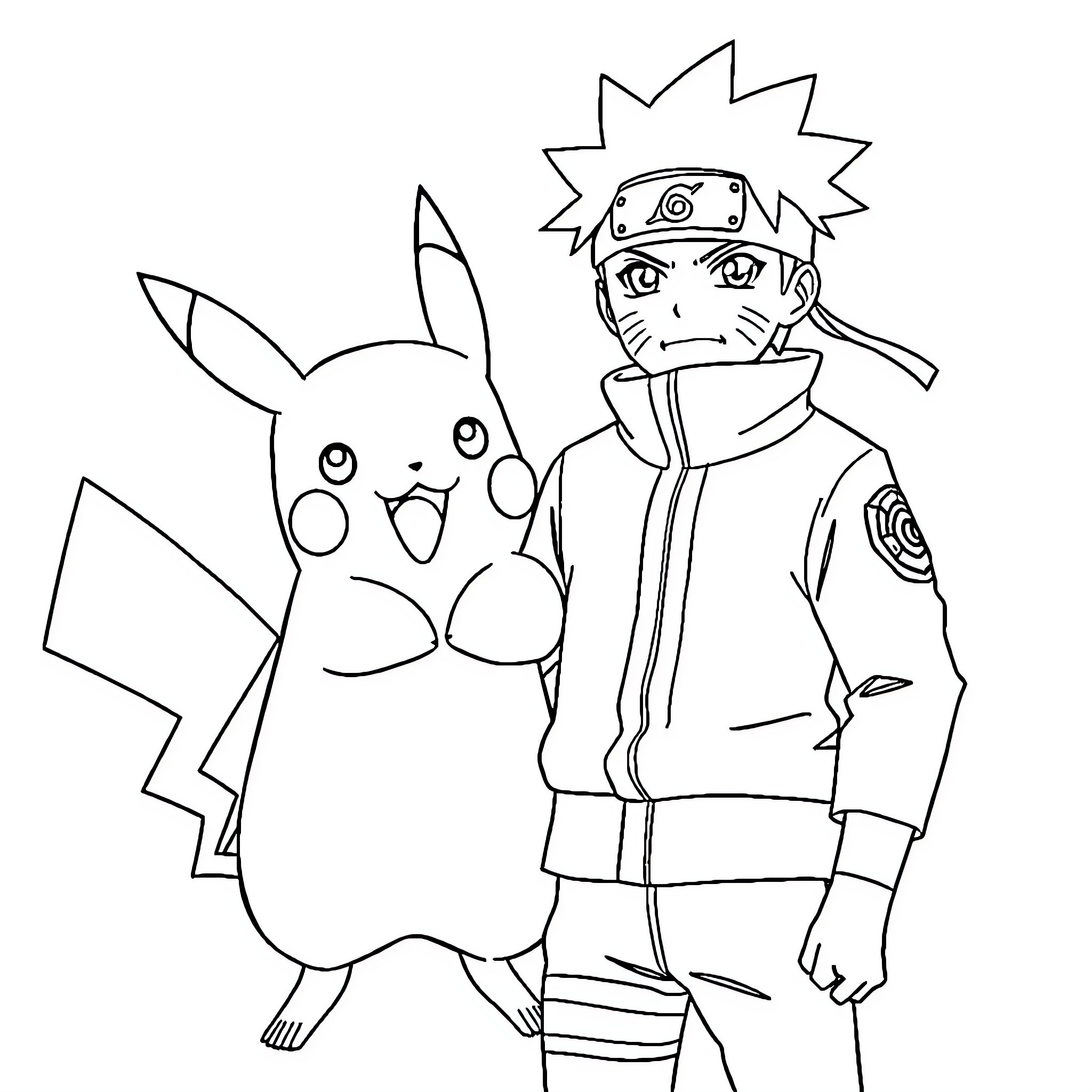 Naruto and Pikachu in Manga-Inspired Adventure Coloring Page (free black-and-white line drawing printable PDF for all, from beginners to advanced learners, including children, teens, adults, and seniors)