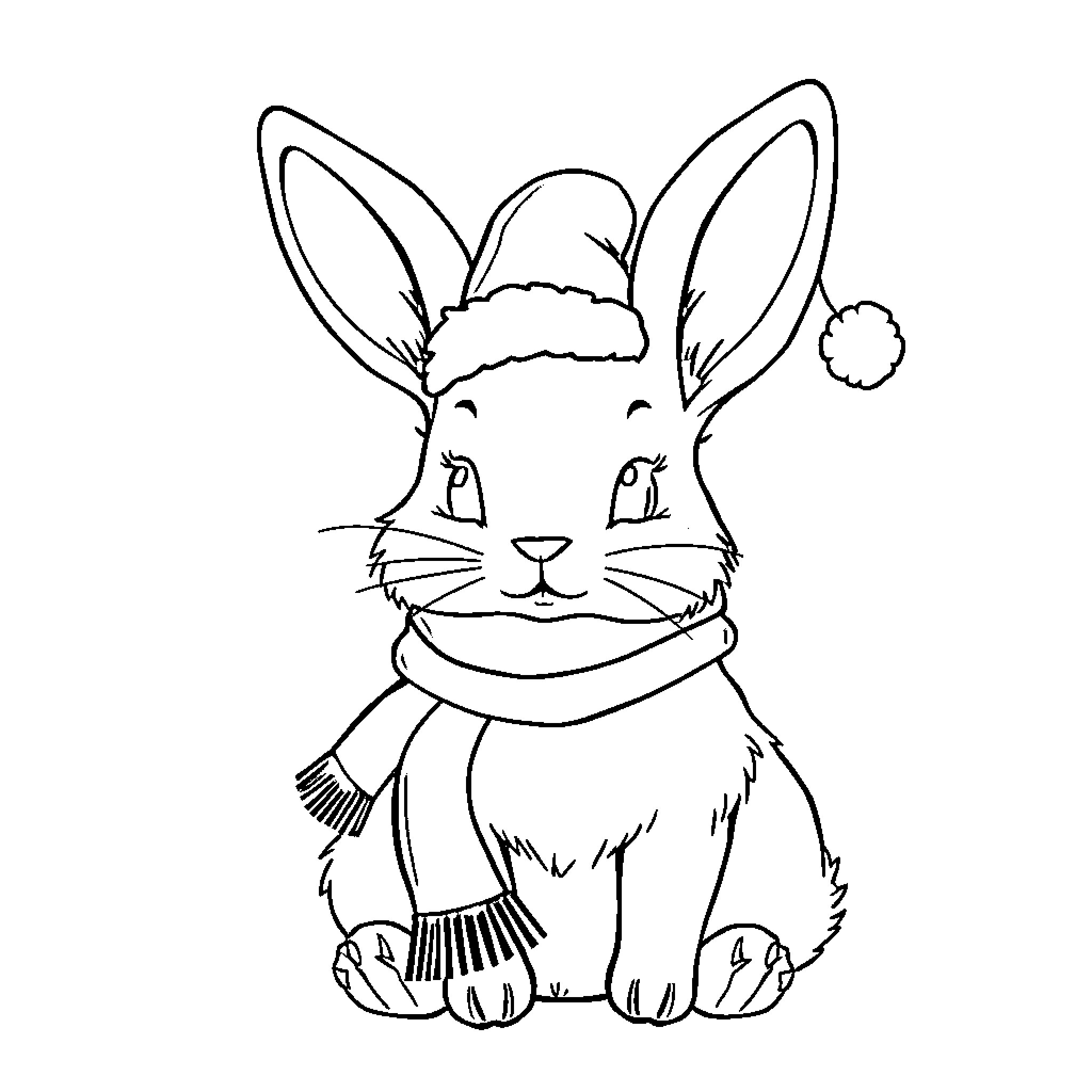 Bunny wearing a festive hat and scarf Coloring Page (free black-and-white line drawing printable PDF for all, from beginners to advanced learners, including children, teens, adults, and seniors)