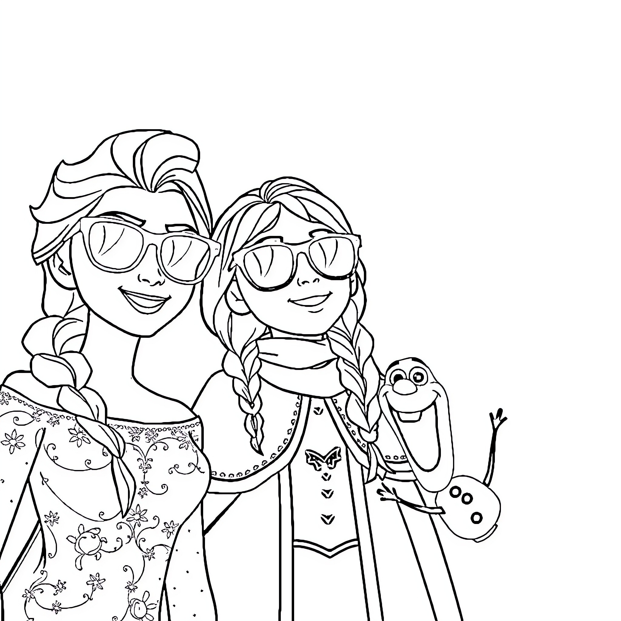 Elsa and Anna enjoying a sunny day together Coloring Page (free black-and-white line drawing printable PDF for all, from beginners to advanced learners, including children, teens, adults, and seniors)