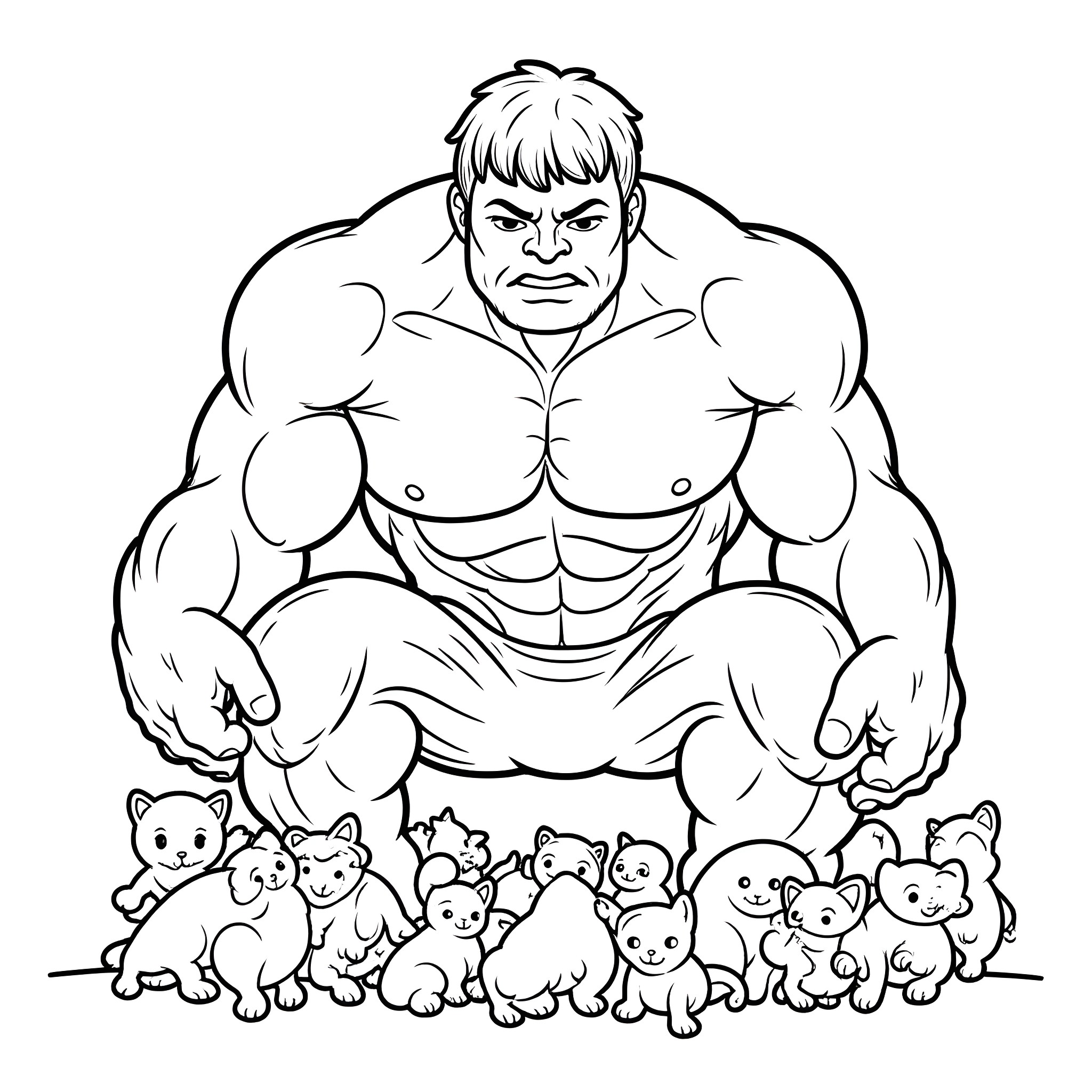 Hulk surrounded by adorable kittens Coloring Page (free black-and-white line drawing printable PDF for all, from beginners to advanced learners, including children, teens, adults, and seniors)