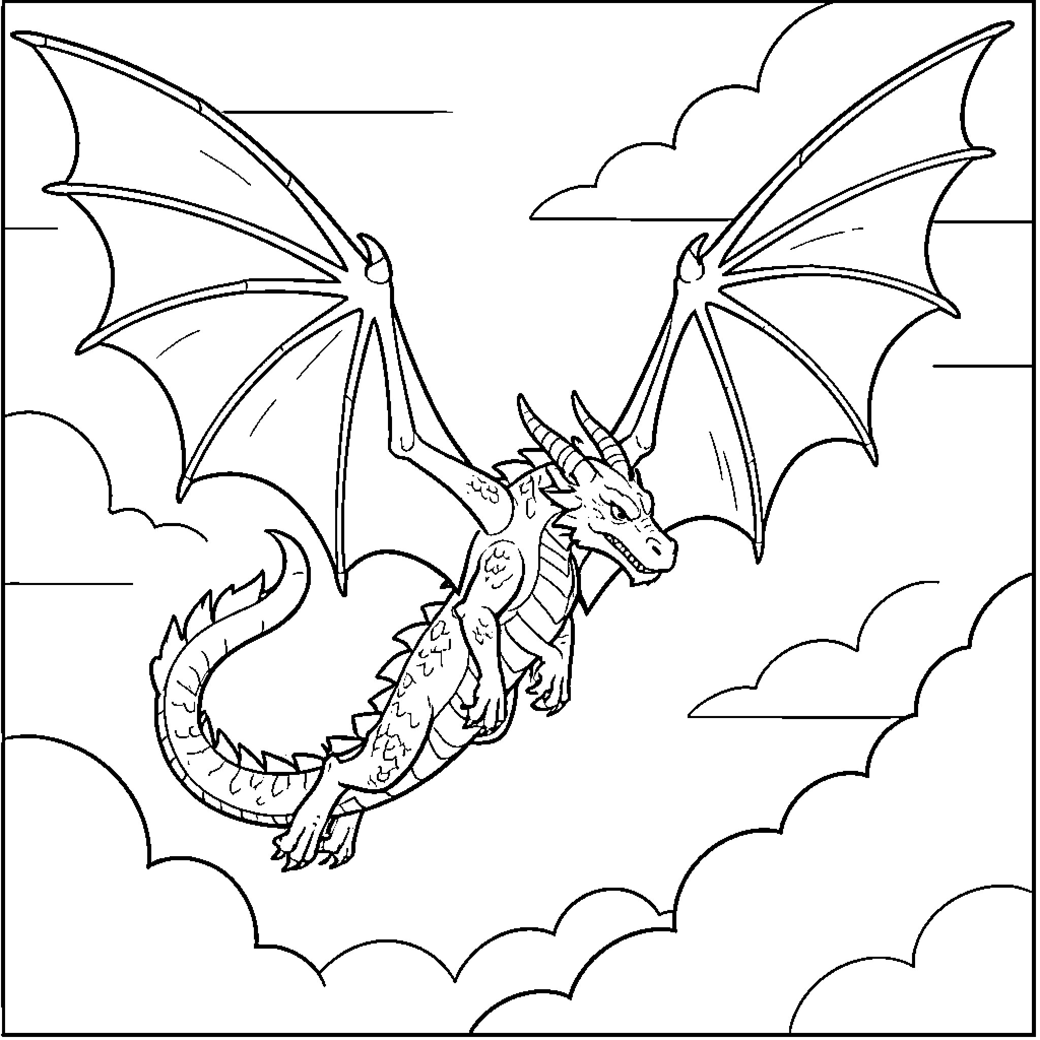 Dragon soaring majestically through the clouds Coloring Page (free black-and-white line drawing printable PDF for all, from beginners to advanced learners, including children, teens, adults, and seniors)