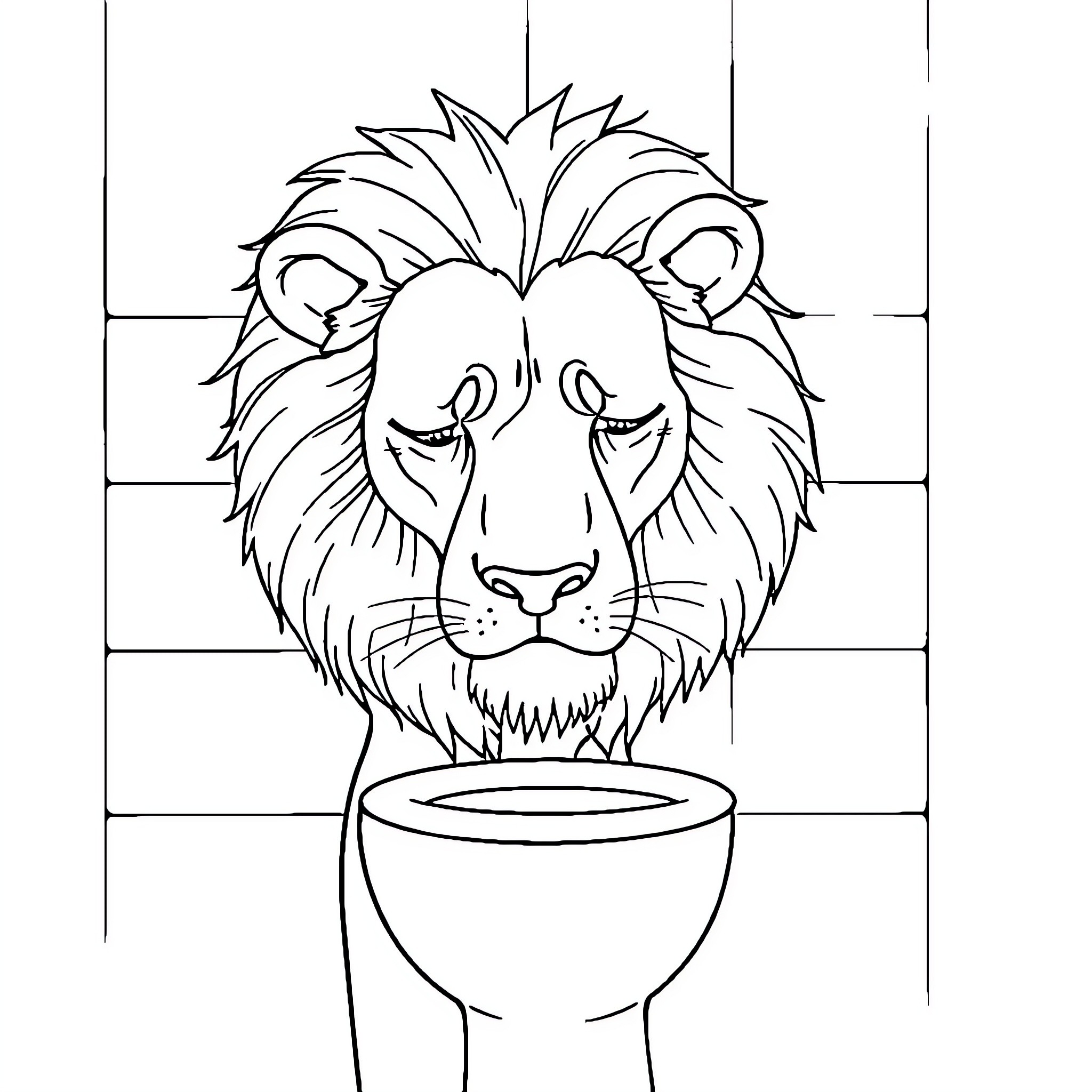 Lion drinking from a cup Coloring Page (free black-and-white line drawing printable PDF for all, from beginners to advanced learners, including children, teens, adults, and seniors)