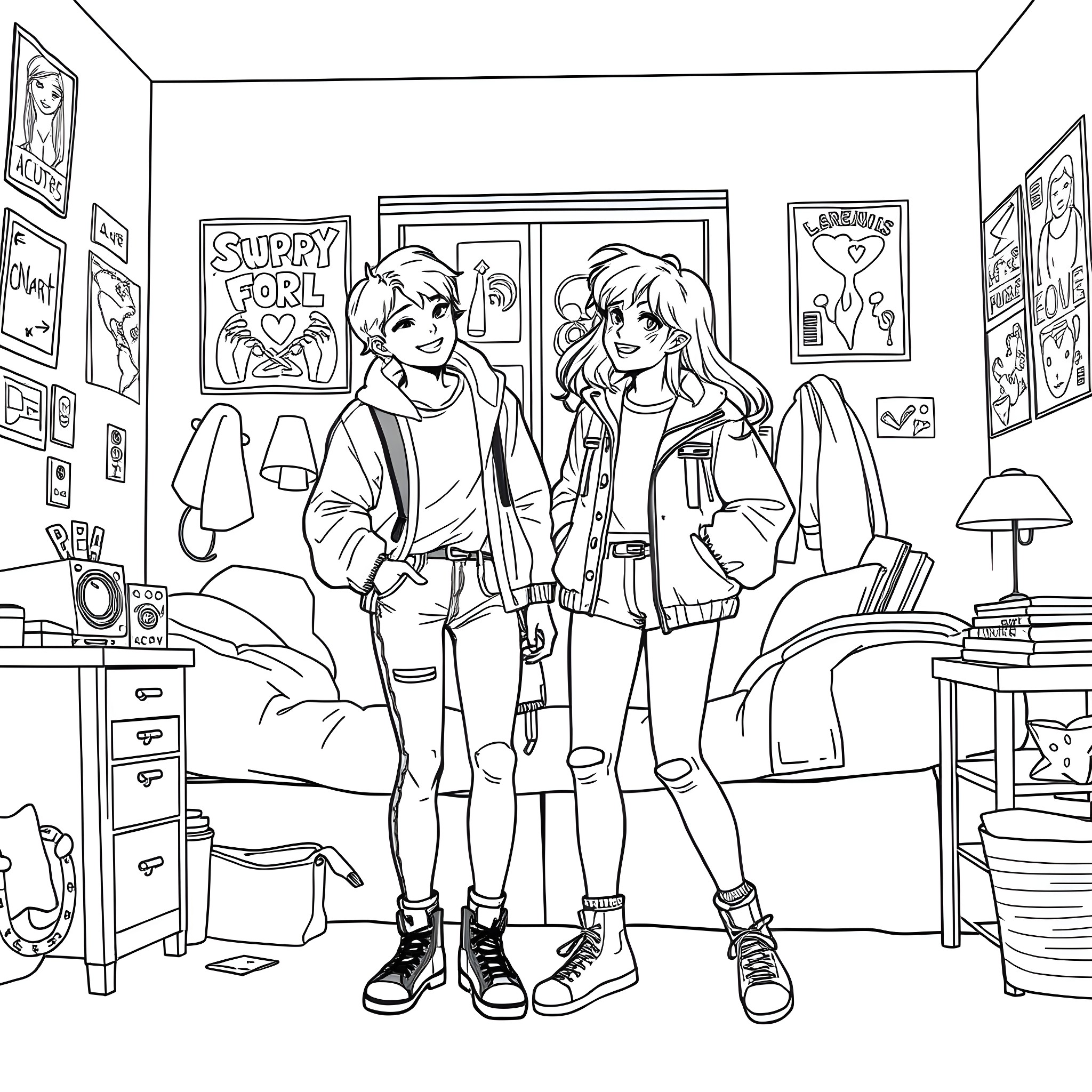 Teen Friends Hanging Out in Cozy Bedroom Coloring Page (free black-and-white line drawing printable PDF for all, from beginners to advanced learners, including children, teens, adults, and seniors)