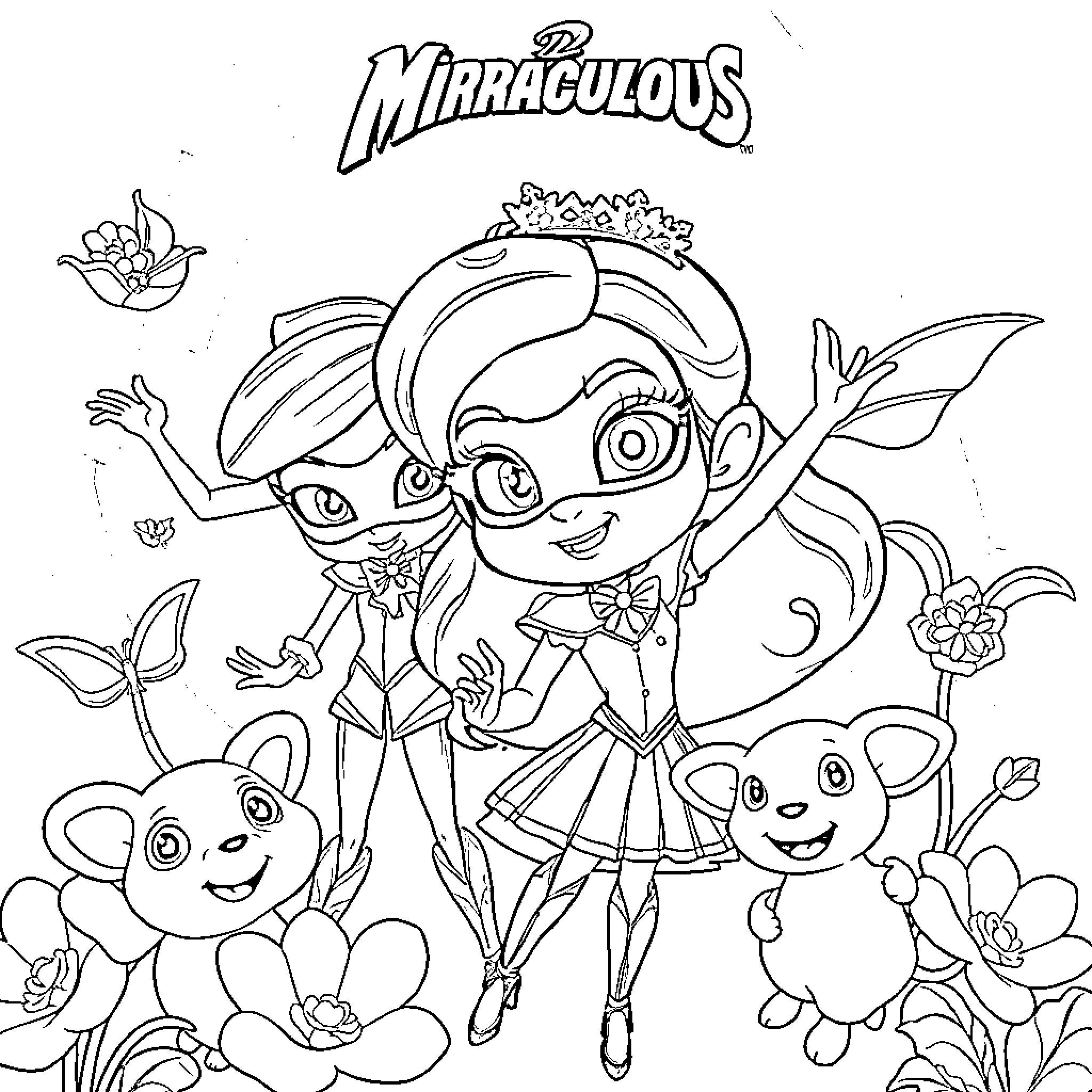 Miraculous Heroine and Companions in a Vibrant Floral Scene Coloring Page (free black-and-white line drawing printable PDF for all, from beginners to advanced learners, including children, teens, adults, and seniors)