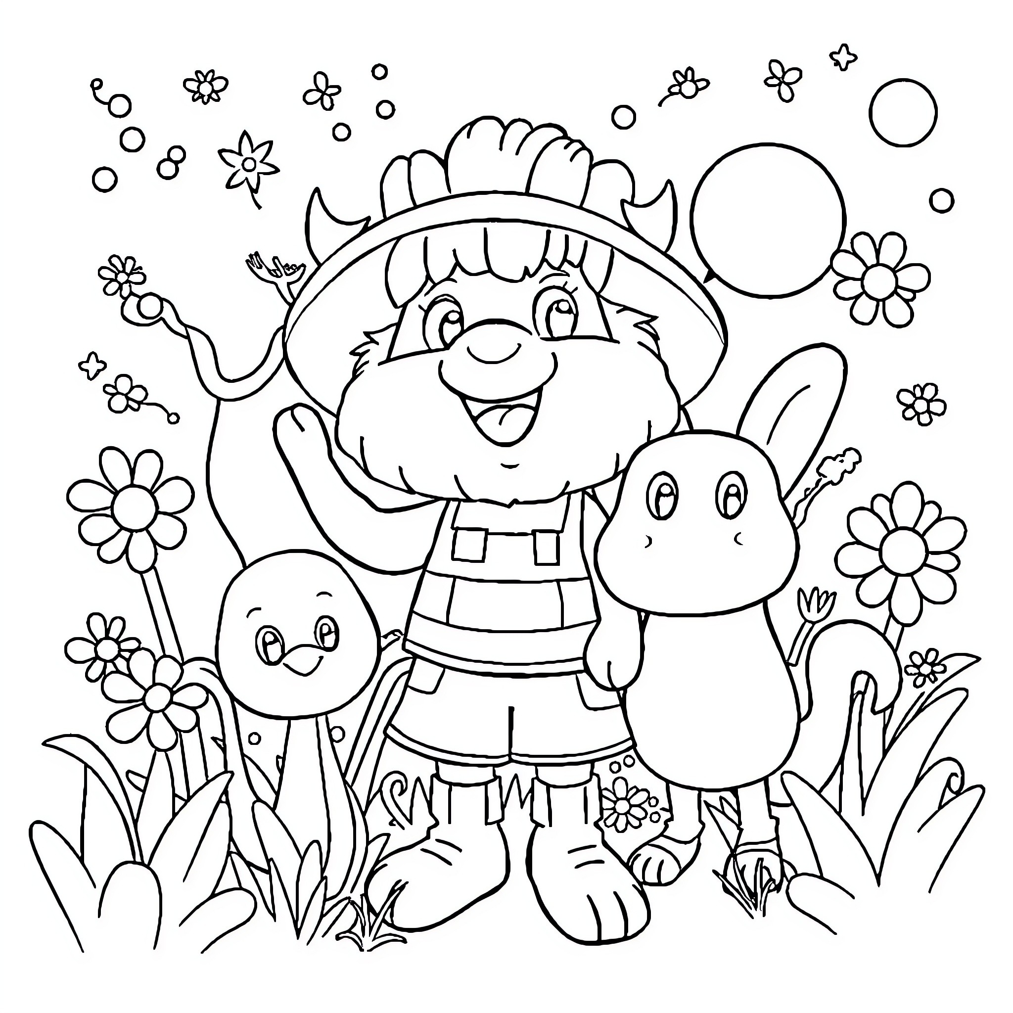 Kid in colorful outfit enjoying nature Coloring Page (free black-and-white line drawing printable PDF for all, from beginners to advanced learners, including children, teens, adults, and seniors)