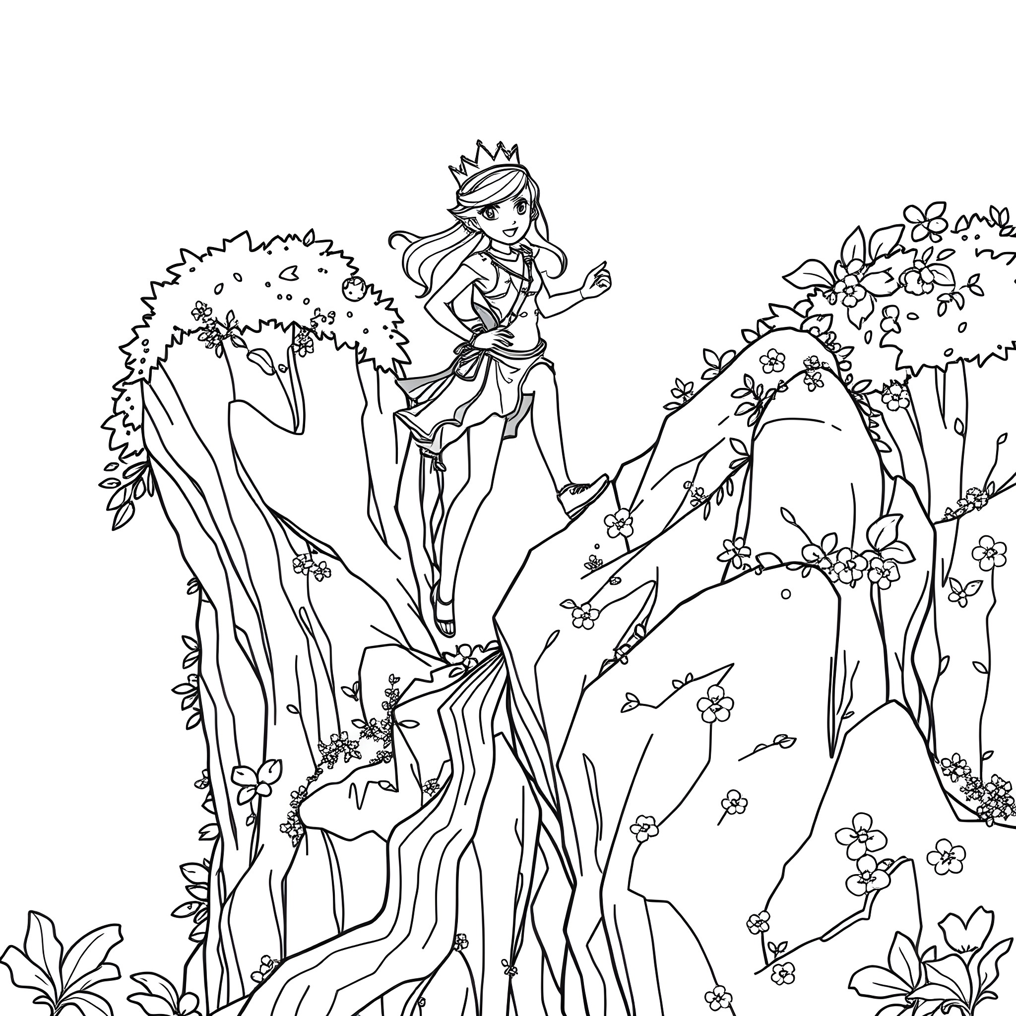 Princess Exploring the Enchanted Forest Coloring Page (free black-and-white line drawing printable PDF for all, from beginners to advanced learners, including children, teens, adults, and seniors)