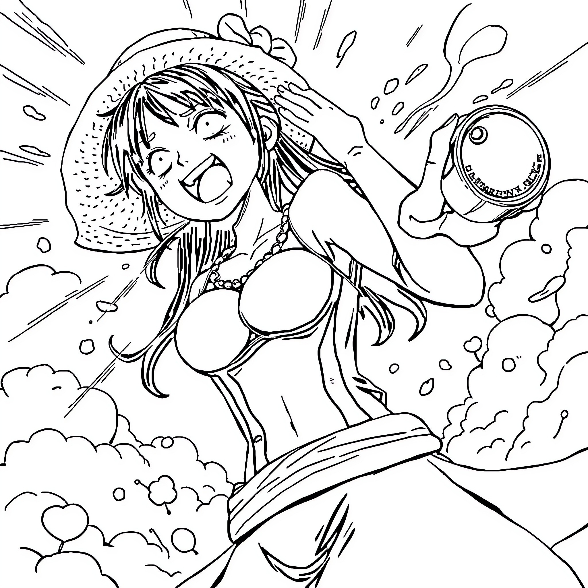 Nami performing a dramatic action Coloring Page (free black-and-white line drawing printable PDF for all, from beginners to advanced learners, including children, teens, adults, and seniors)