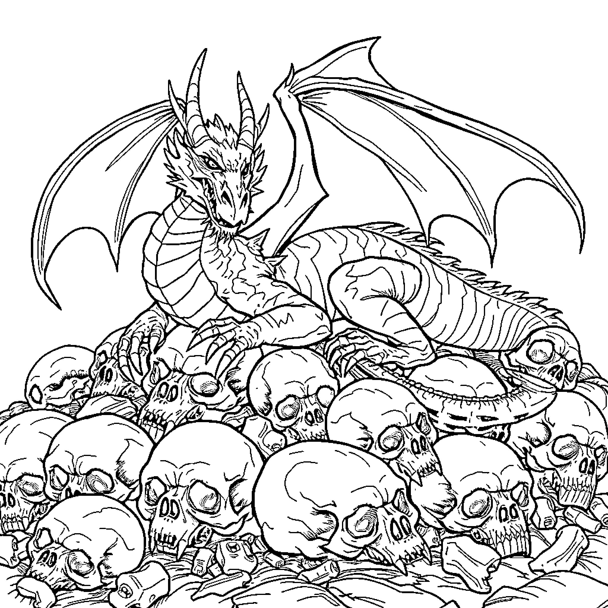 Dragon guarding a treasure hoard of skulls Coloring Page (free black-and-white line drawing printable PDF for all, from beginners to advanced learners, including children, teens, adults, and seniors)