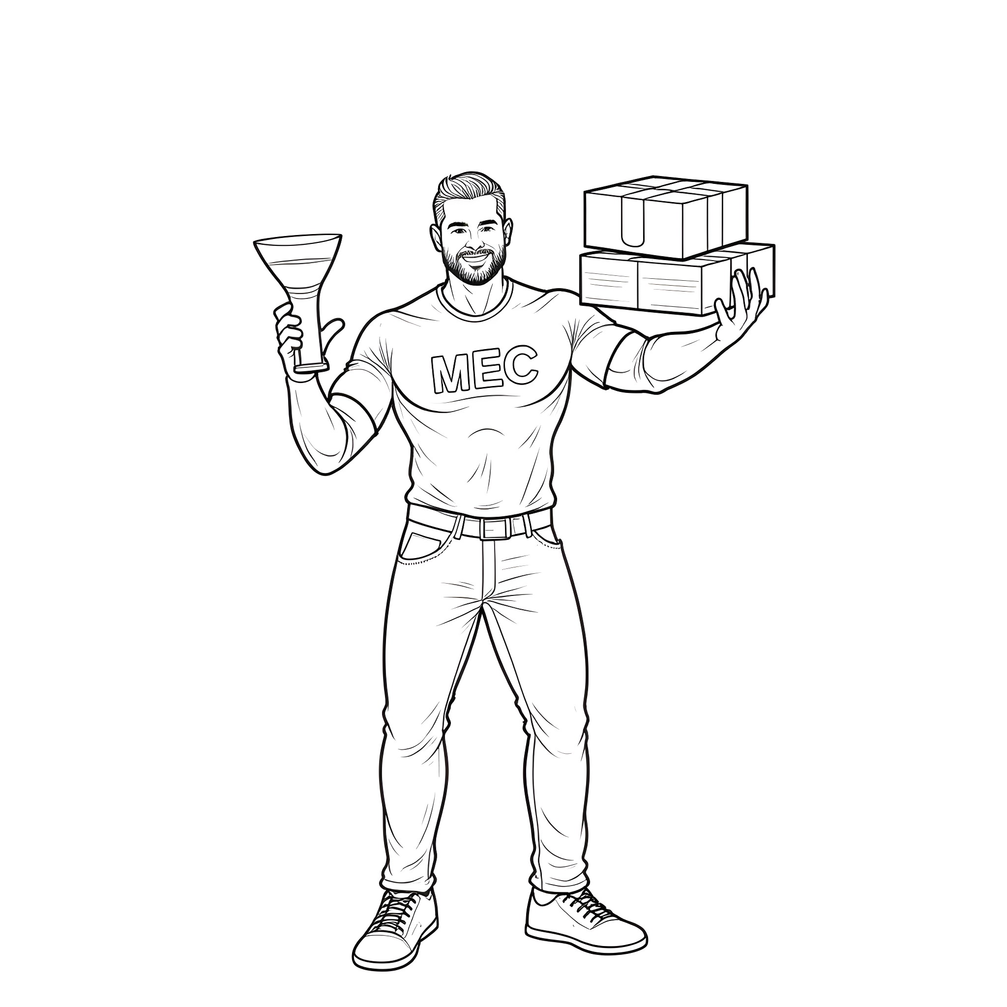 Guy delivering package while holding megaphone Coloring Page (free black-and-white line drawing printable PDF for all, from beginners to advanced learners, including children, teens, adults, and seniors)