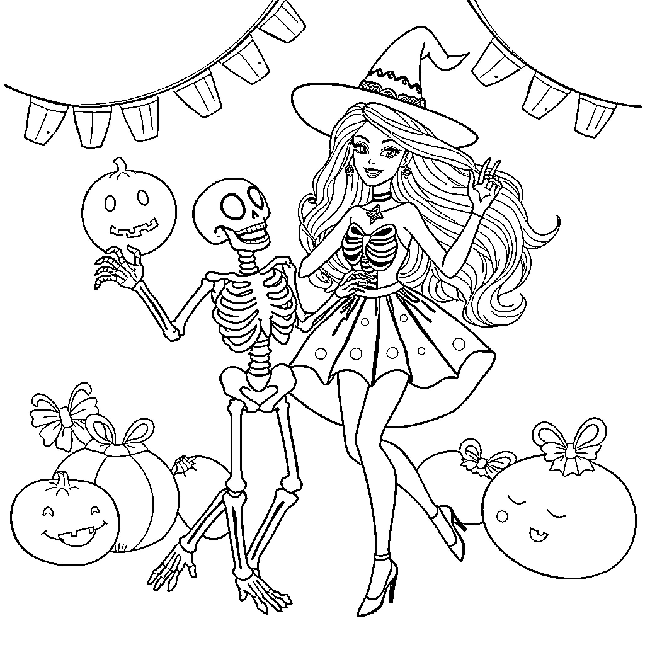 Barbie's Spooky Halloween Adventure Coloring Page (free black-and-white line drawing printable PDF for all, from beginners to advanced learners, including children, teens, adults, and seniors)