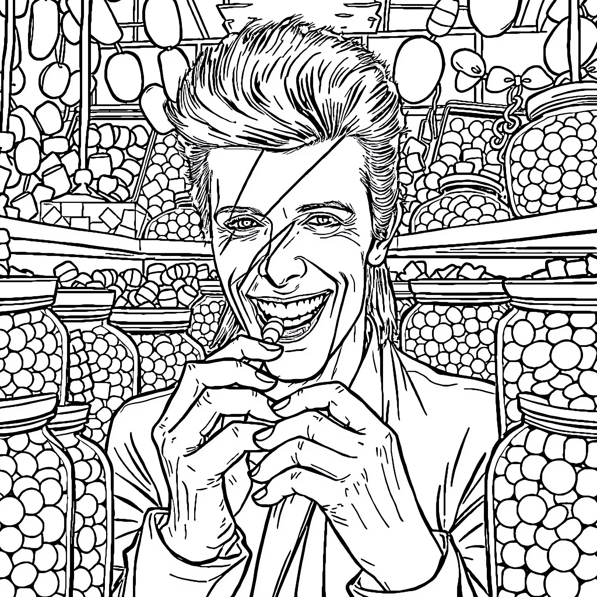 David Bowie's Iconic Portrait in Vibrant Monochrome Coloring Page (free black-and-white line drawing printable PDF for all, from beginners to advanced learners, including children, teens, adults, and seniors)